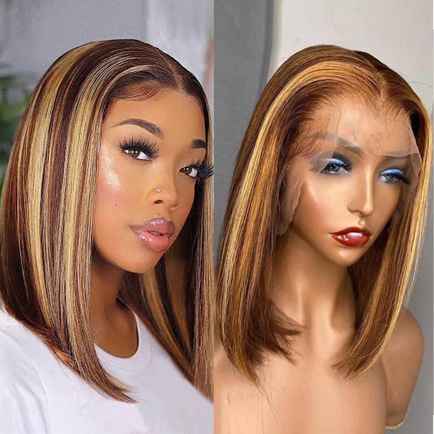 Superfect Highlight Lace Front Bob Wig Human Hair 14 Inch Ombre Honey Blonde 13x4 Hd Lace Front Wigs Human Hair Pre Plucked Midd