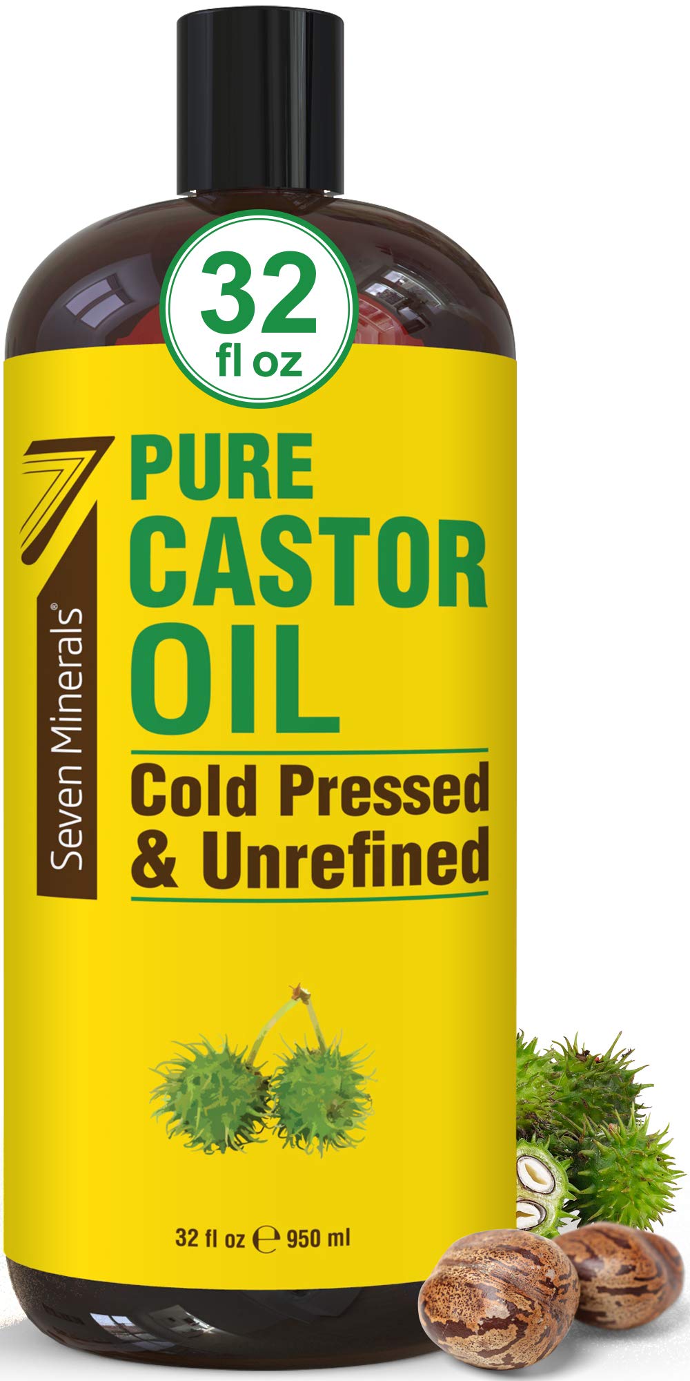 Seven Minerals Pure Cold Pressed Castor Oil 32 fl oz - Unrefined, Hexane Free for Hair Growth, Dry Skin, Joint Pain