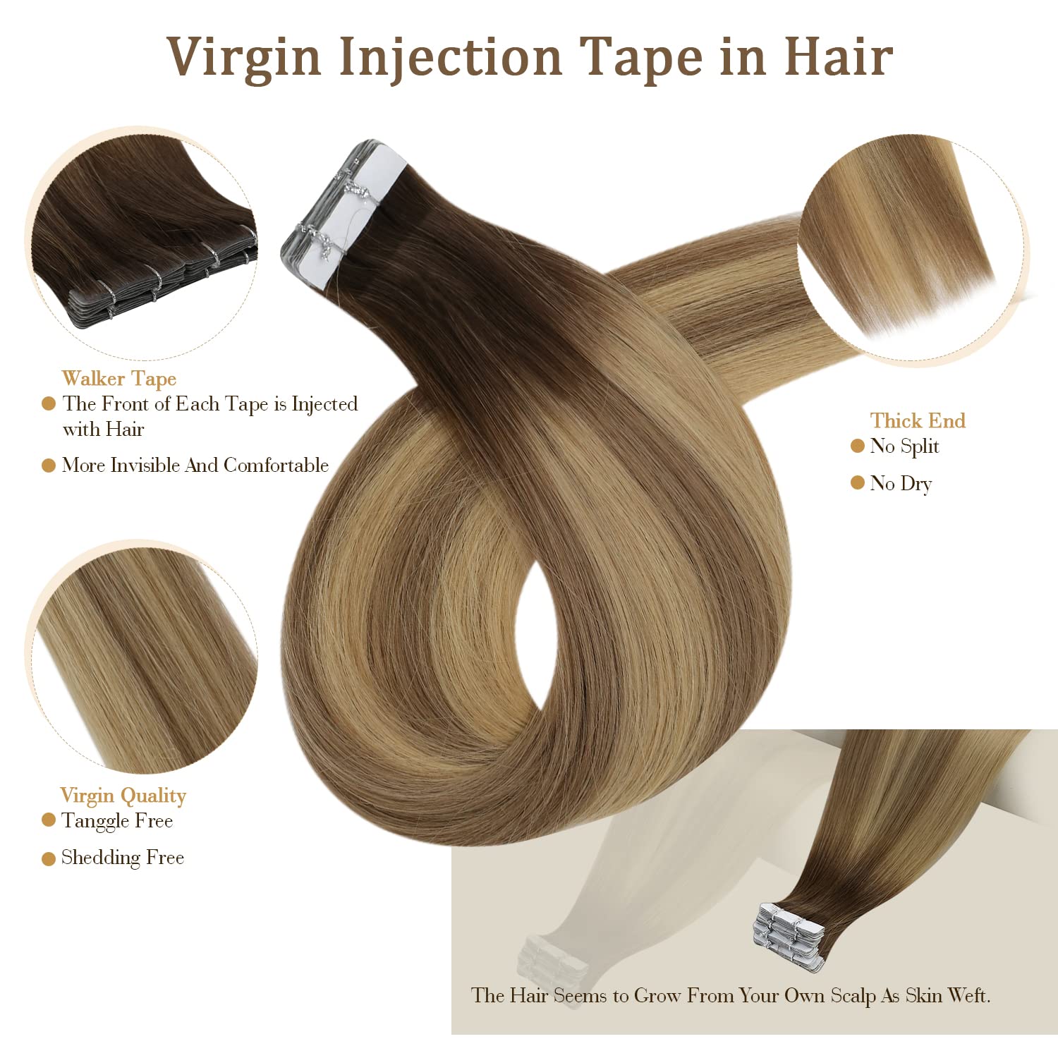 Full Shine Injected Tape In Hair Extensions 5Pcs 18 Inch Virgin Injection Tape In Extensions Color 3 Brown Fading To 8 Ash Brown