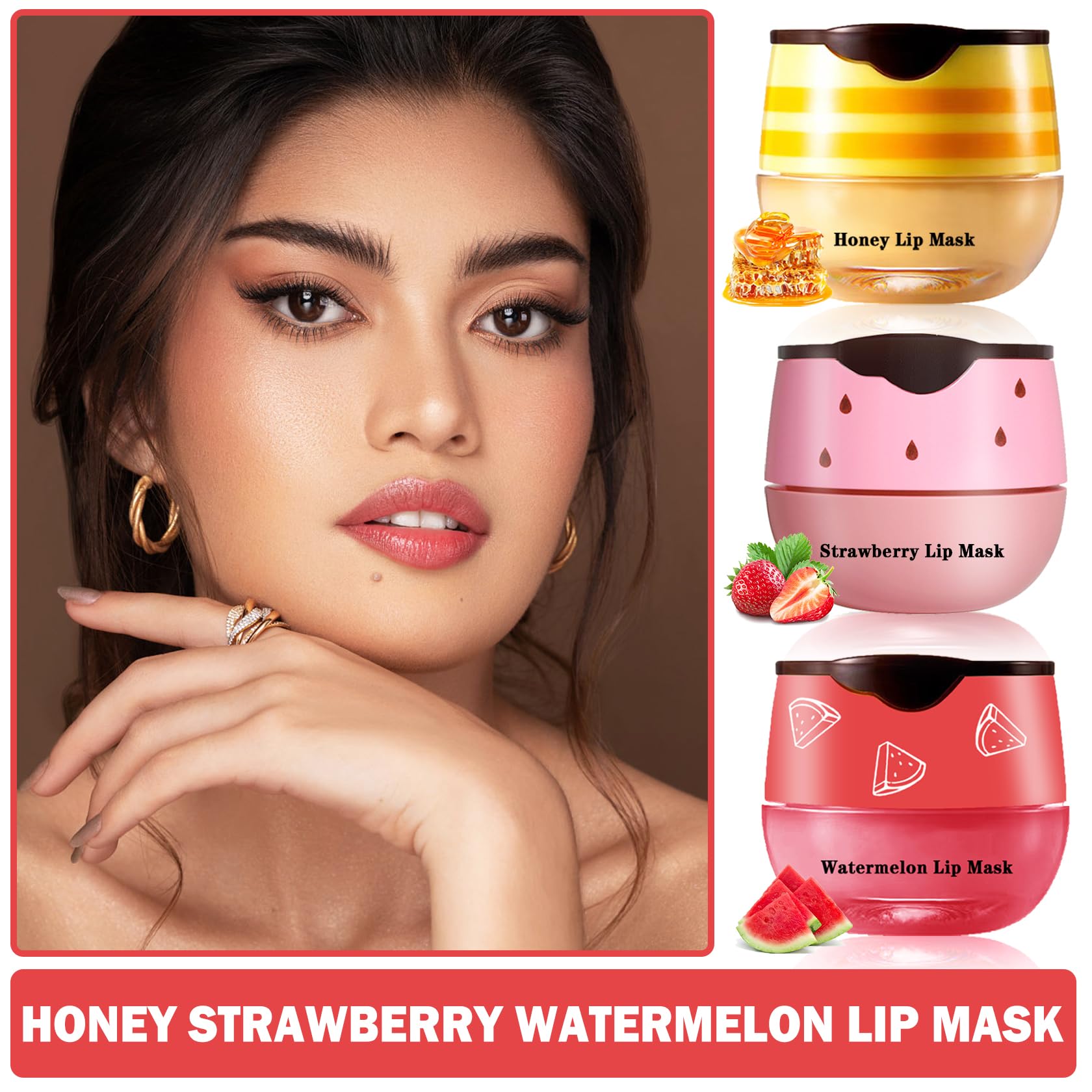 Xingxyuel 3Pcs Bee Lip Balm Honey Pot Honey Strawberry Watermelon Lip Balm Sleeping Lip Mask Silky Hydrating Bee Lip Balm Honey