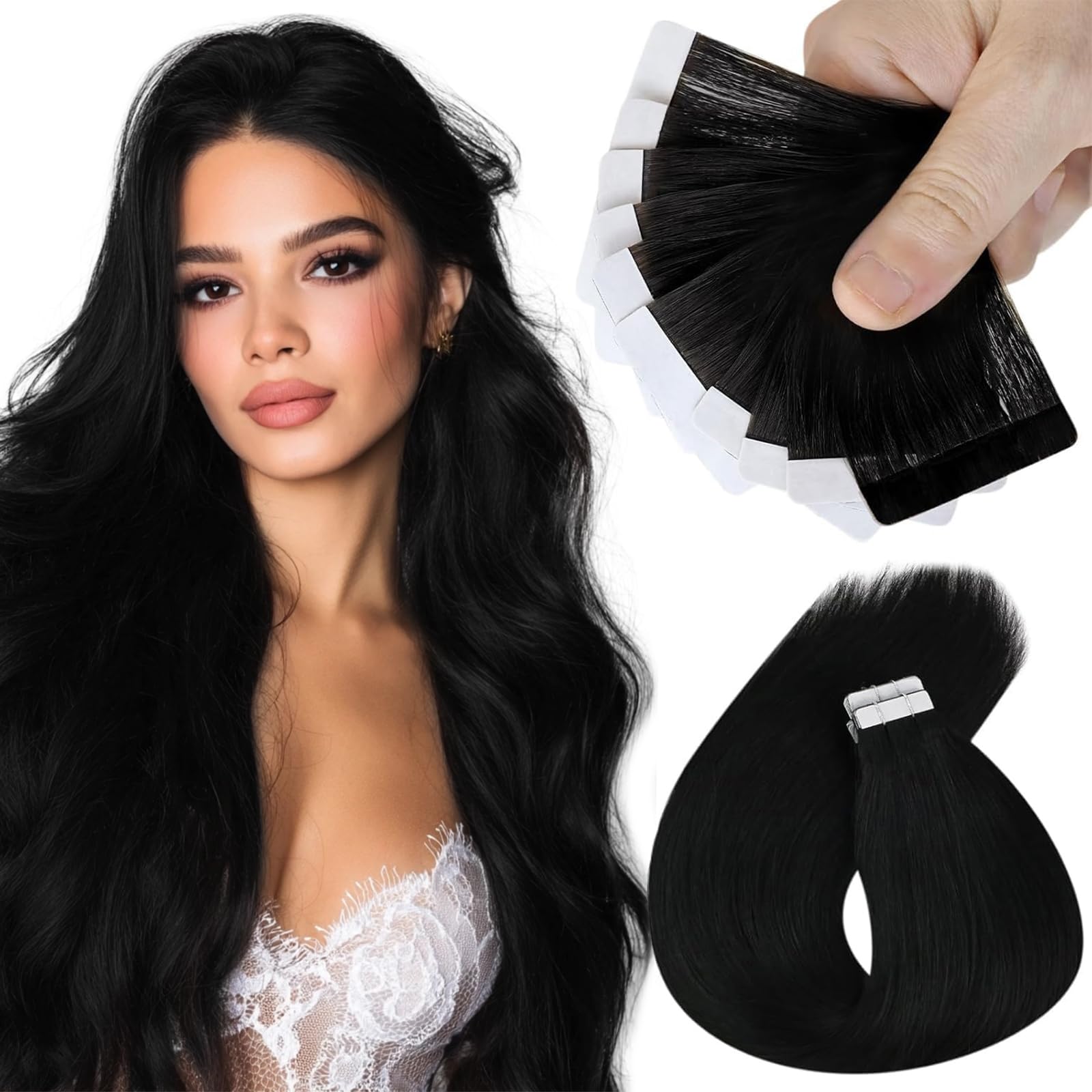 Sunny Hair Tape in Hair Extensions Real Human Hair Invisible Remy Hair Extensions Tape ins for Women Jet Black 24 inch 25G