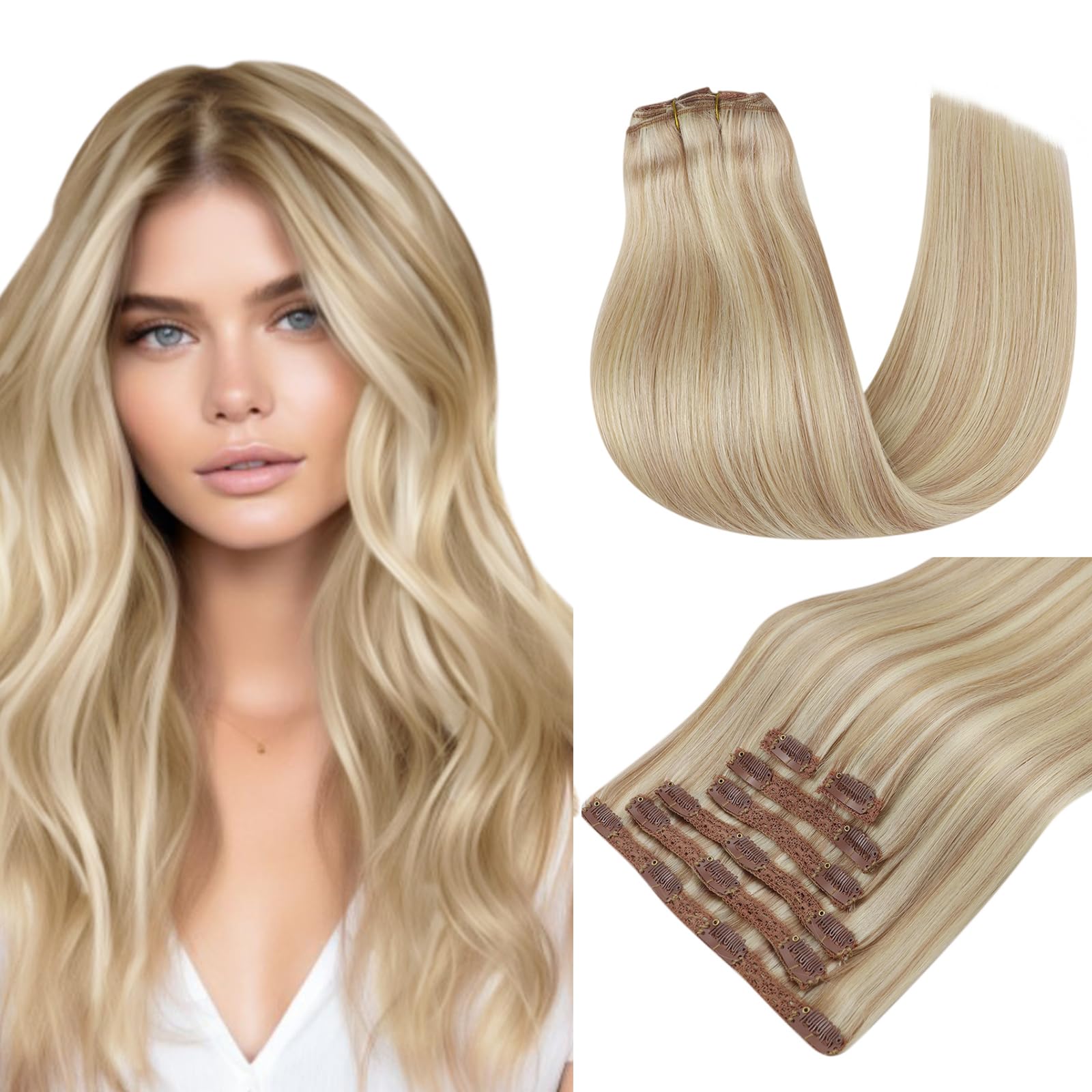 RUNATURE Blonde Clip in Hair Extensions Human Hair 18 Inch Ash Blonde with Platinum Blonde Human Hair Extensions Clip Ins Full H