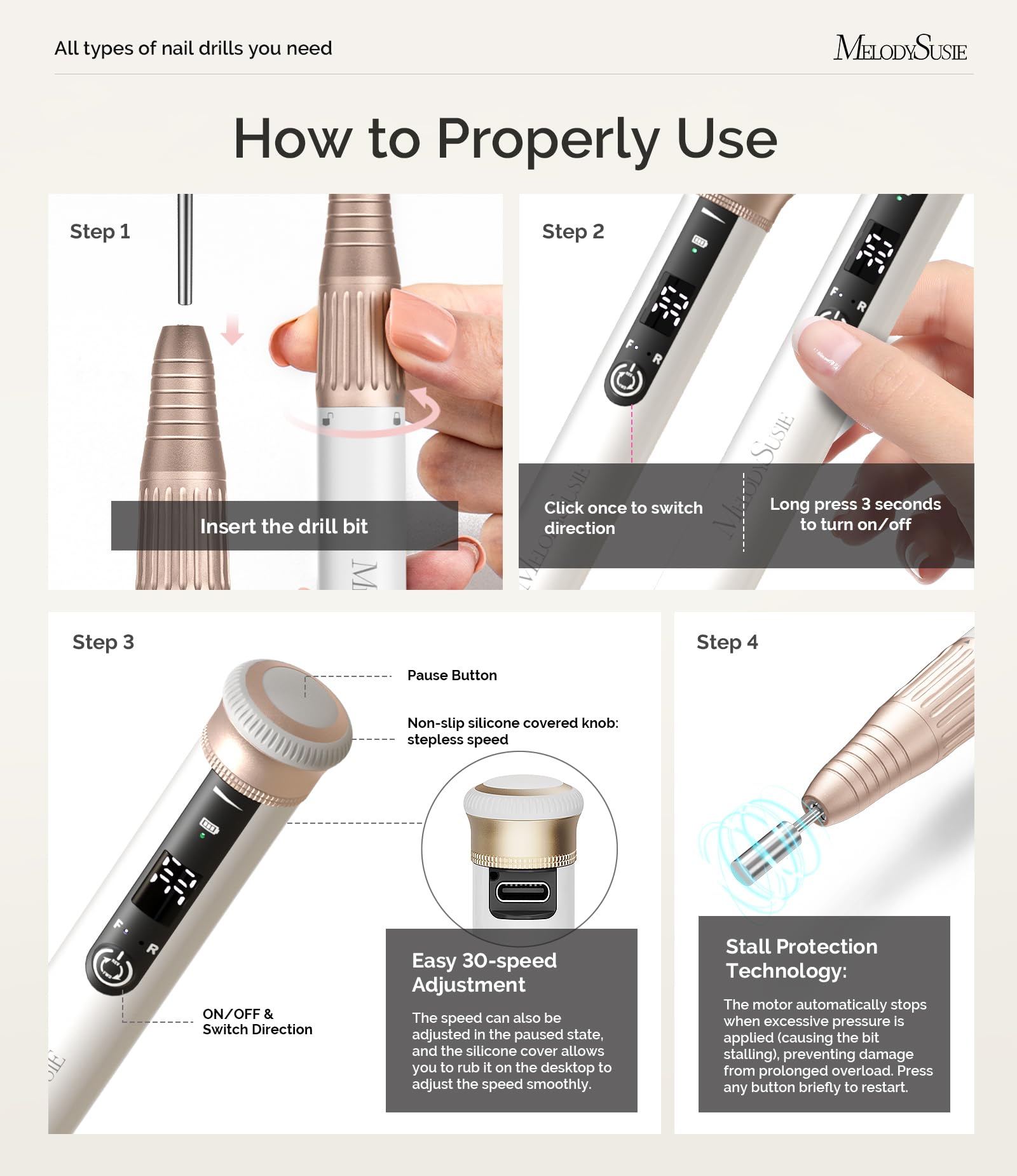 MelodySusie Pen-Shaped One-Hand Stepless Speed Adjustment Cordless Nail Drill, SM220G 30000RPM Portable Rechargeable Electric Fi