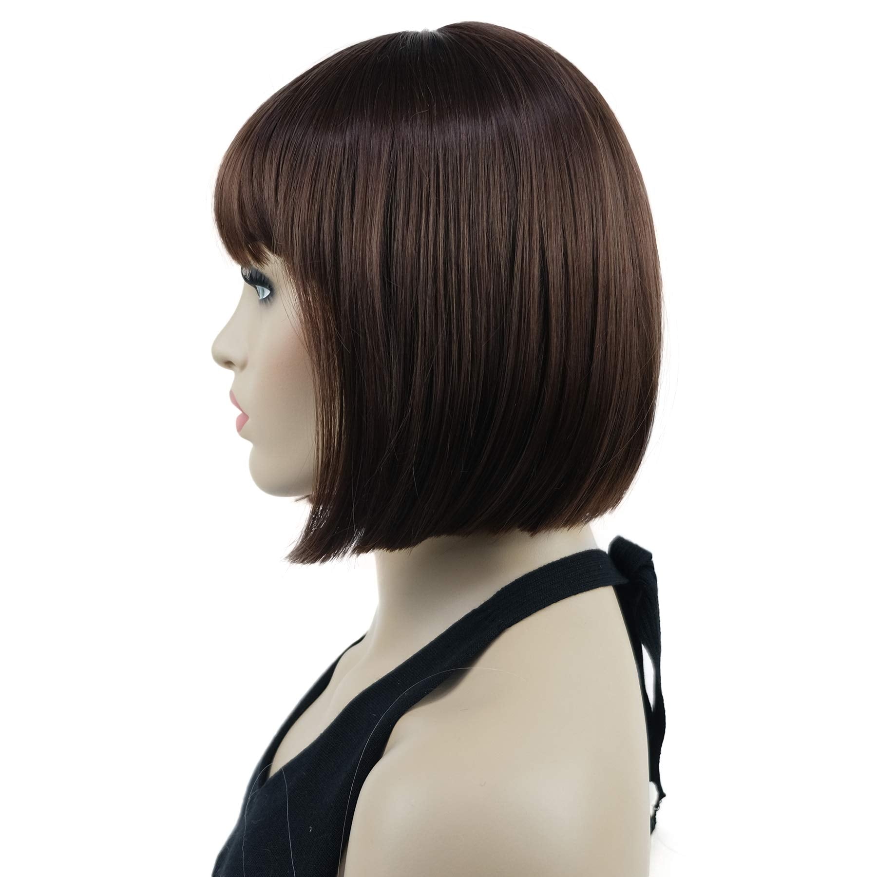 Lydell 8'' Straight Short Bob Hair Flat Bangs Cute Central Dot Skin Top Heat Resistant Synthetic Wigs (31 Medium Auburn)