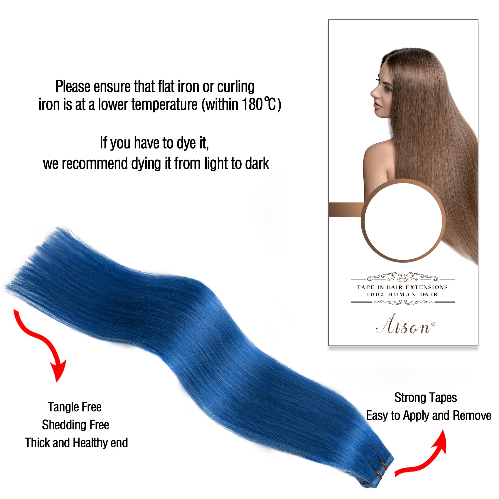 Aison Blue Tape in Hair Extensions 100% Remy Human Hair Extensions Silky Straight for Women 20 Pcs/Package(14Inch #Blue 30g)