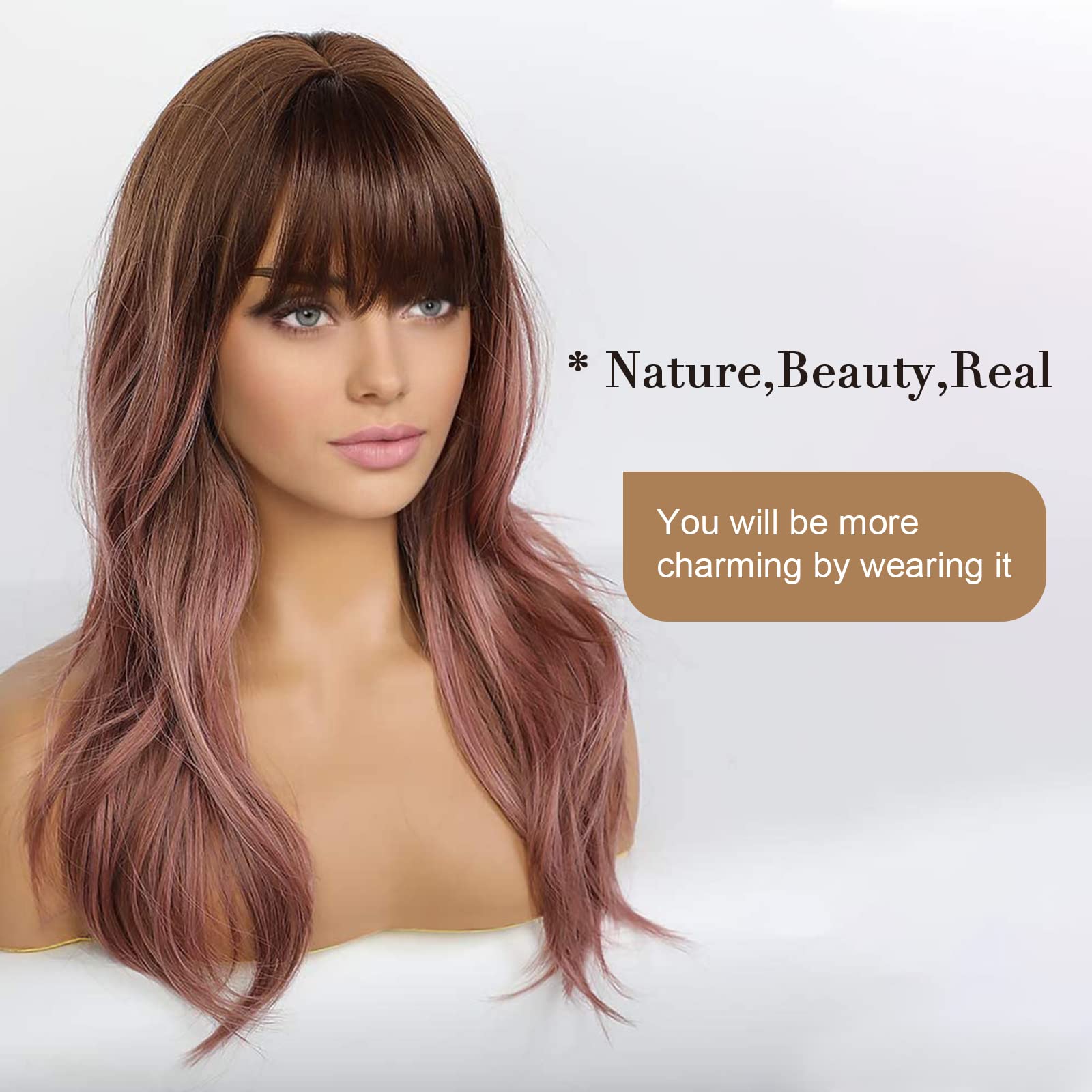 Emmor Long Wavy Wigs With Bangs Purple Pink Wigs For Women, 20 Inch Natural Curly Hair Wig With Air Bang Synthetic Ombre Wigs, P