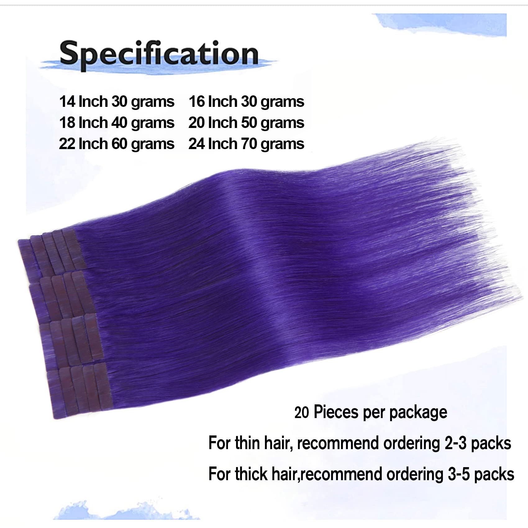 Tape In Hair Extensions Lila 100% Remy Human Hair Extensions Silky Straight For Fashion Women 20 Pcs/Package(14Inch #Lila 30G)