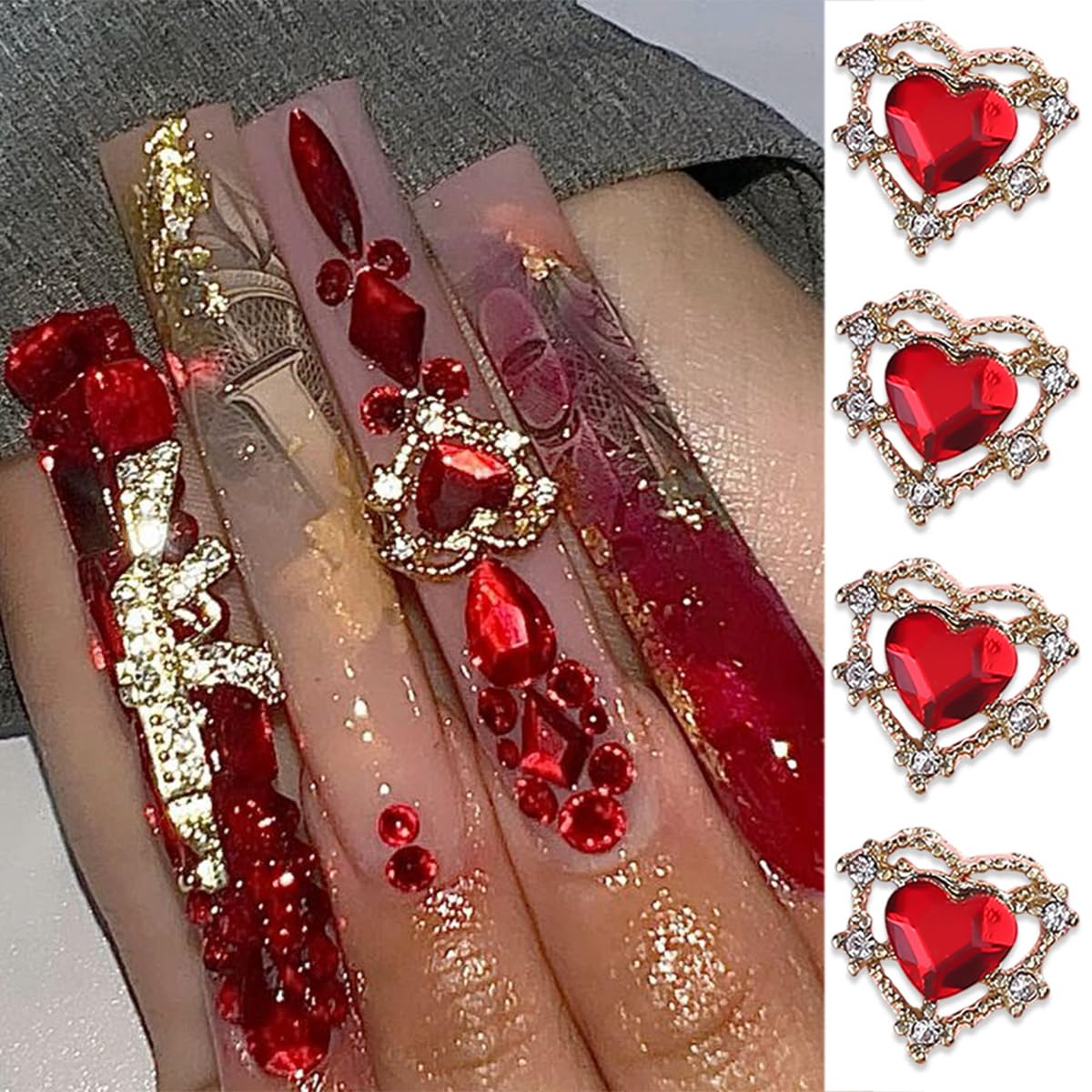 Valentines Nail Charms For Crown Nails Art Gold Silver Heart Nail Rhinestones Romantic Red Glitter Heart Nail Art Charms 3D Allo