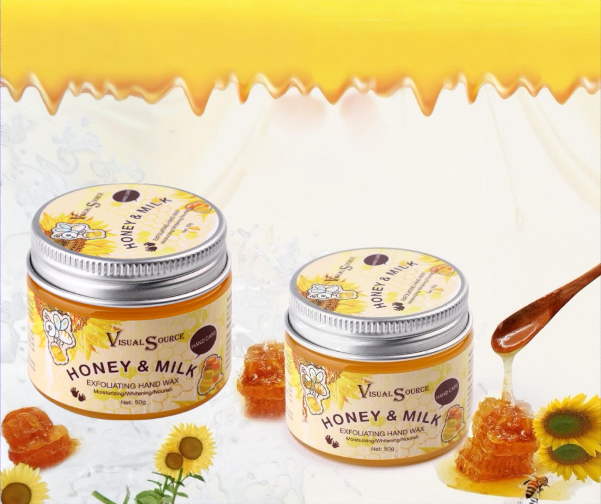 visualsource 2PCS/Set Honey Milk Hand Wax Mask Moisturizing Paraffin Peel Off Wax Hydrating Nourishing Repair Skin Film Cream Ex