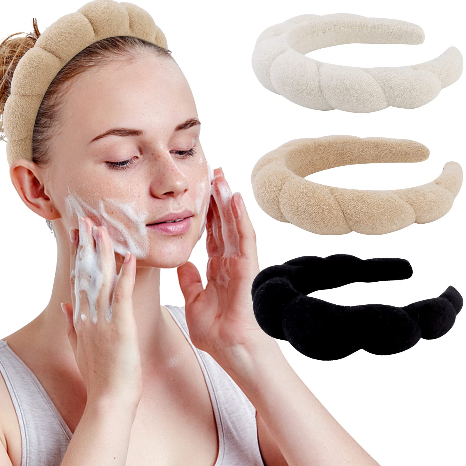 WHAVEL 3 Pack Spa Headband Skincare Headbands, Makeup Headband Sponge Terry Cloth Headbands Face Wash Headband Puffy Hair Band f