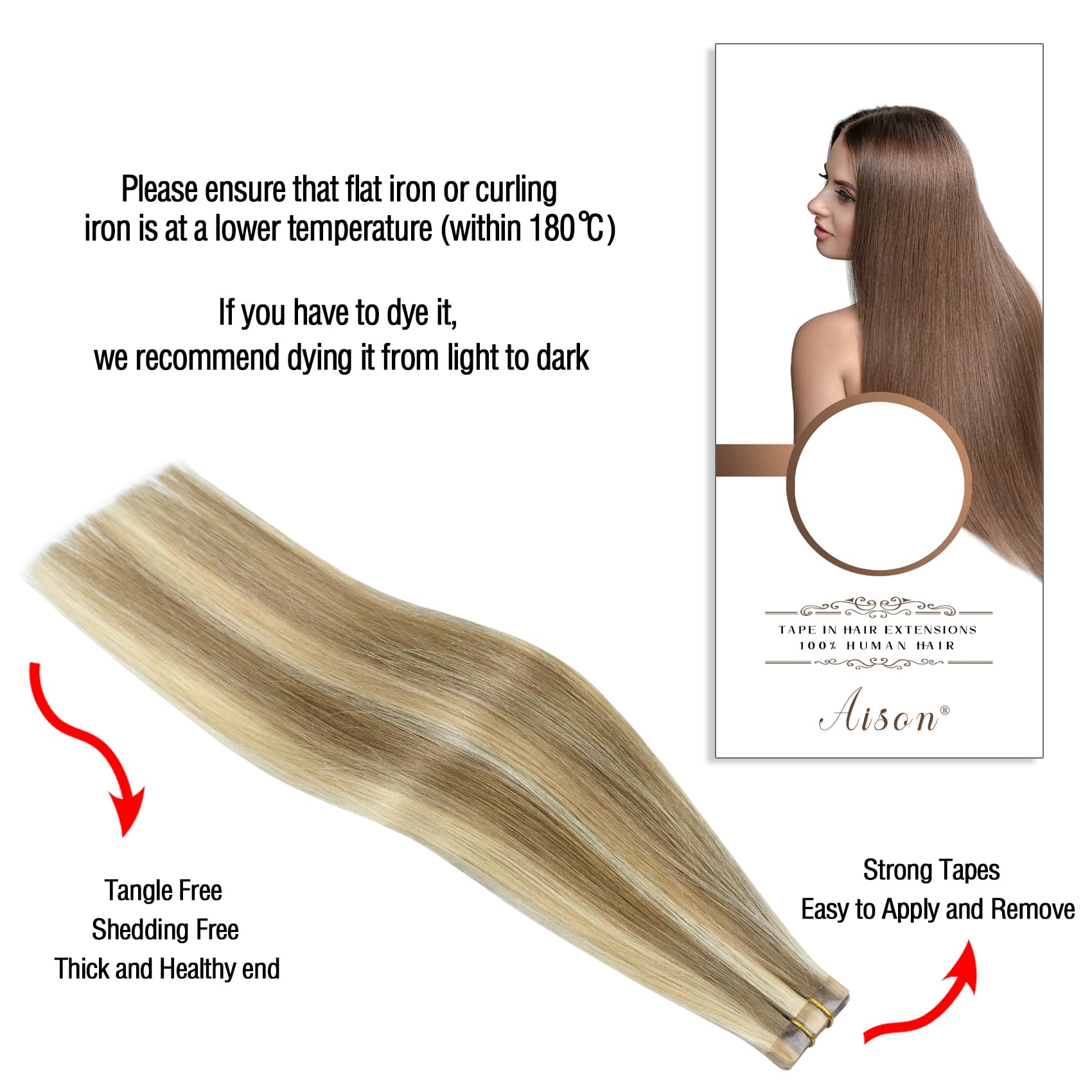 Aison Tape in Hair Extensions Ash Blonde Mixed Bleach Blonde 100% Remy Human Hair Extensions Silky Straight for Women 20 Pcs/Pac