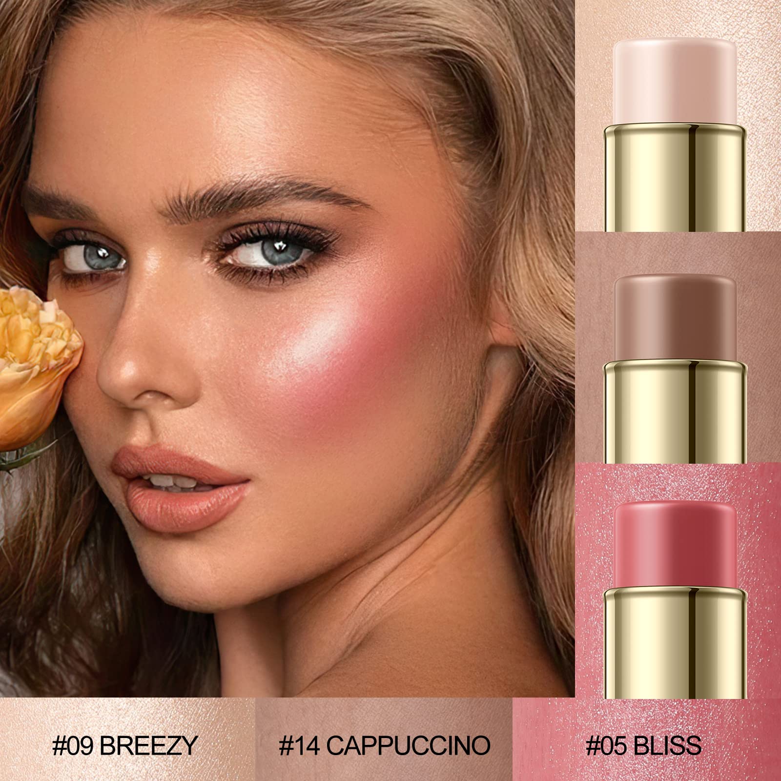 Falocutus 3 Pcs Light-Medium Contour Stick Set,Cream Blush & Highlighter Bronzer Pen,Long Lasting & Smooth Natural Face Contouri