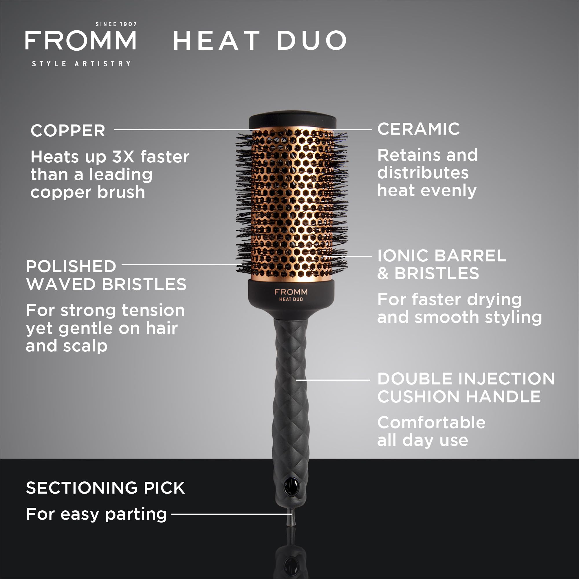Fromm Heat Duo Copper x Ceramic 2 Round Brush for Expert Blowouts and Faster Hair Drying, Roller Hairbrush for Anti-static Styli