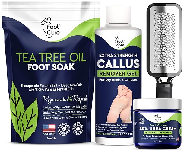 FOOT CURE Foot Care Set – Exfoliator, Callus Remover & Tea Tree Oil Salts, 4 Piece, Green, Made in USA