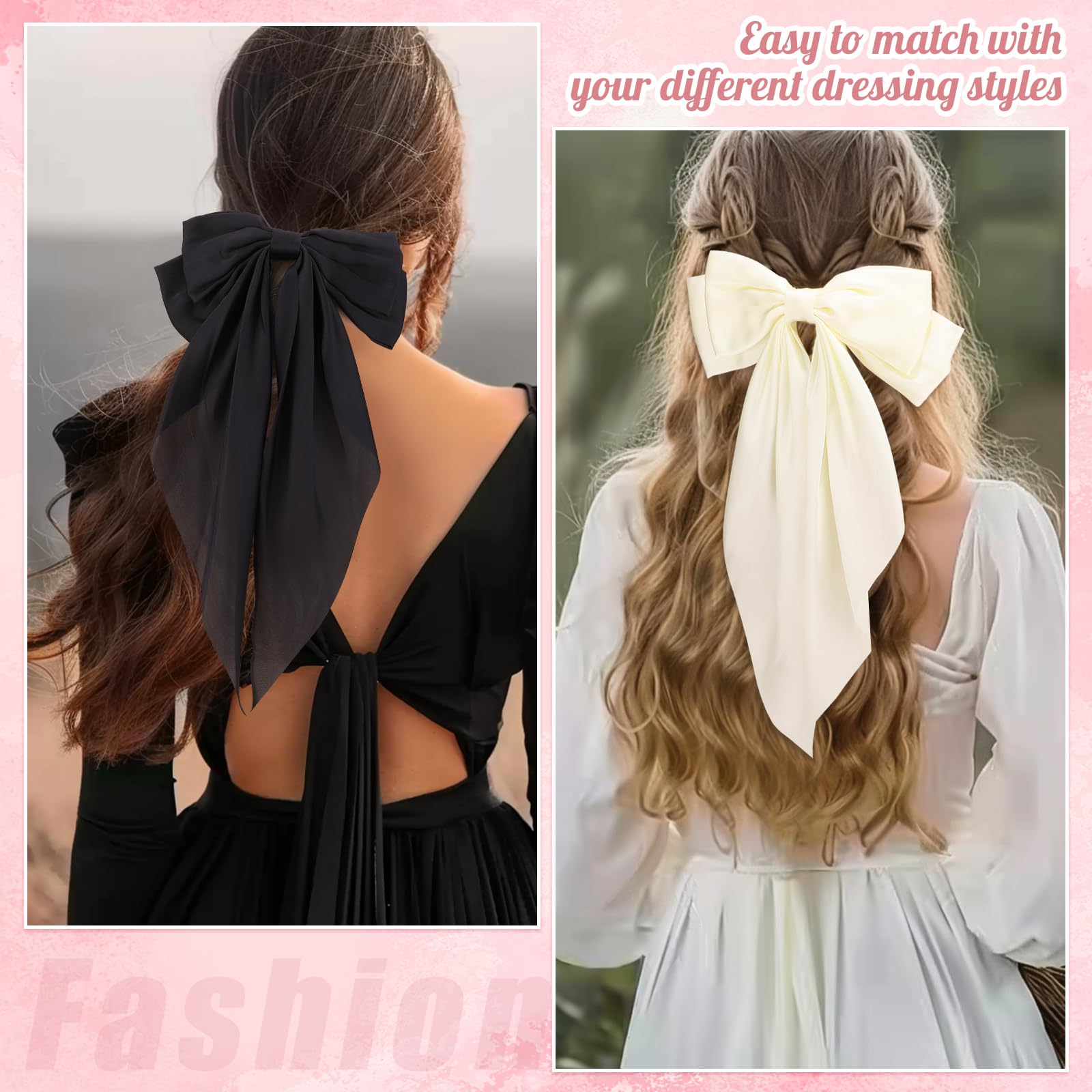 4Pcs Large Hair Bows, Satin Hair Bows For Women Hair Ribbons Oversized Long Tail Bowknot Clips Big Bows For Teen Girl Gifts Tren
