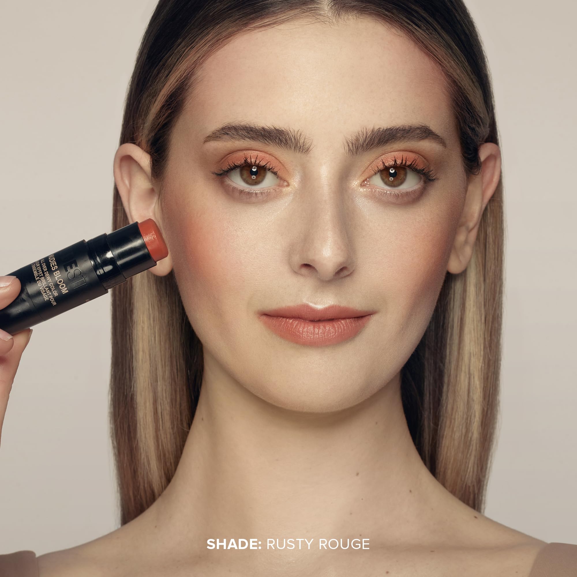 Nudestix Nudies Bloom Dewy And Radiant Cream Blush 3-In-1 All Over Face Colour For Cheeks, Eyes And Lips W/Blending Brush (Rusty
