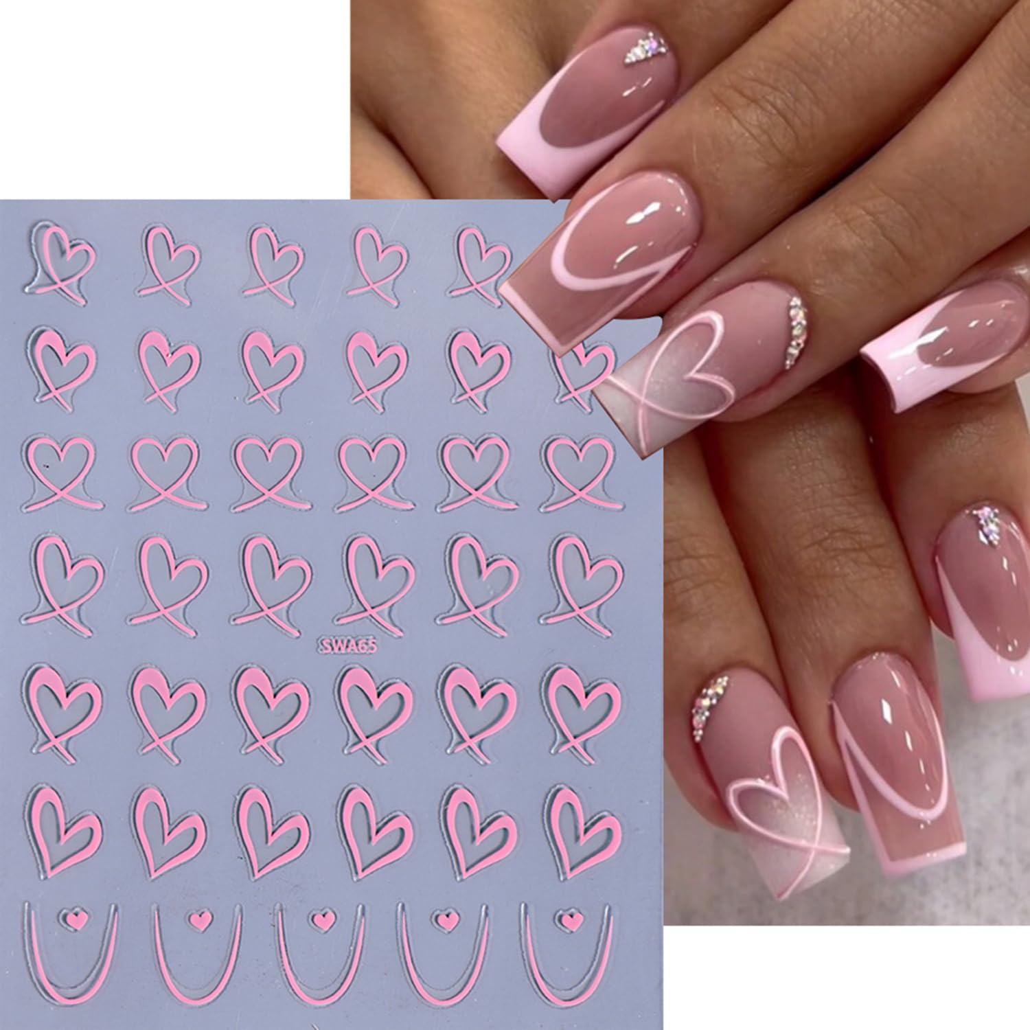 6 Sheets Heart Nail Stickers Valentines Day Nail Art Stickers 3D White Pink Black Love Nail Decals Self Adhesive Simple French H