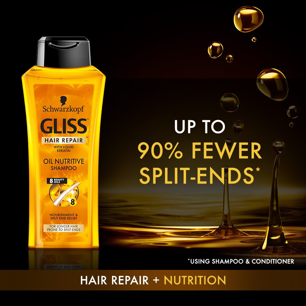 GLISS Hair Repair Shampoo, Oil Nutritive for Longer Hair Prone to Split Ends, 13.6 Ounces (Pack of 3)