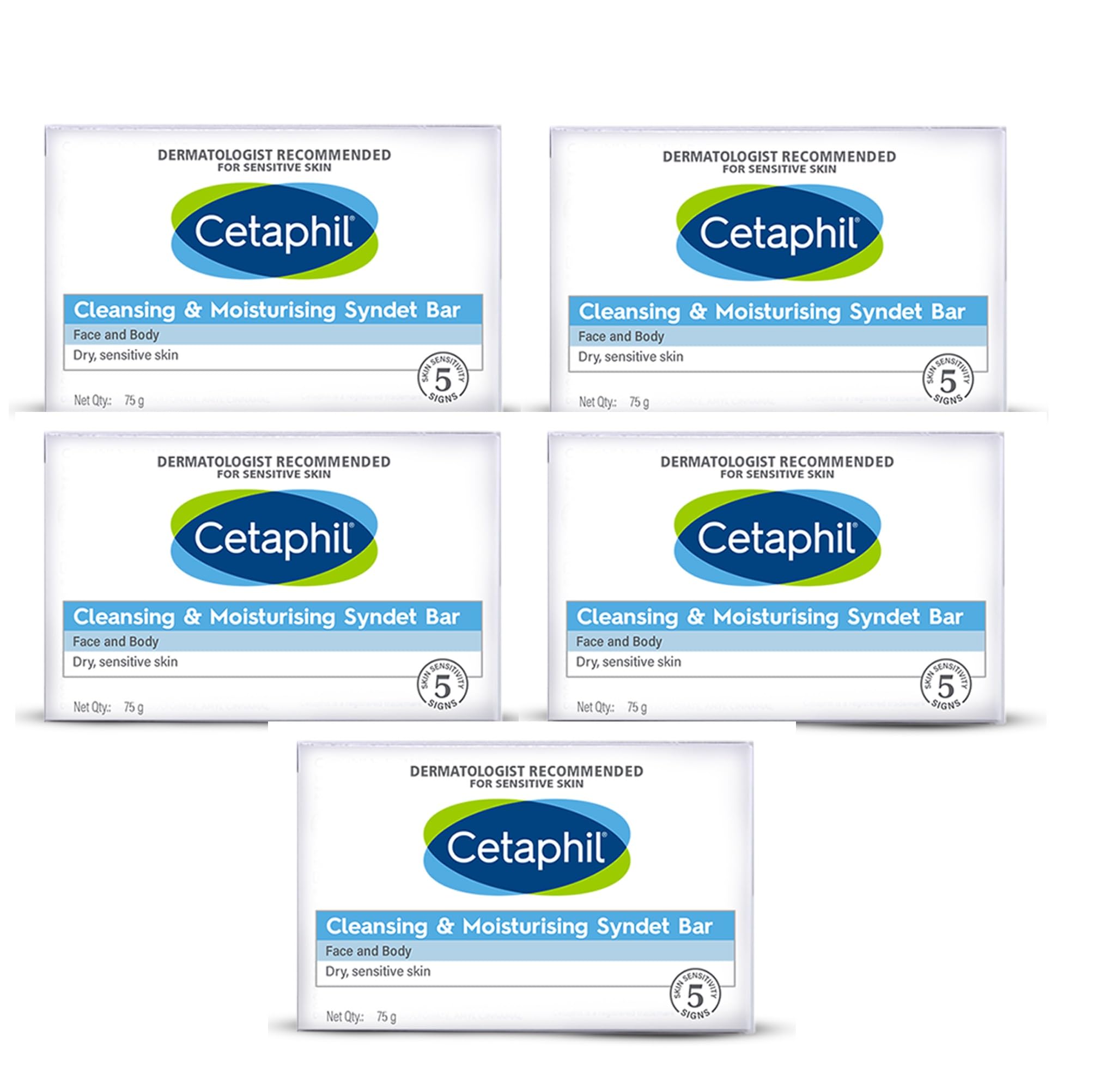 Cetaphil Cleansing And Moisturising Syndet Bar 5X 75Gm (Pack Of 5), White