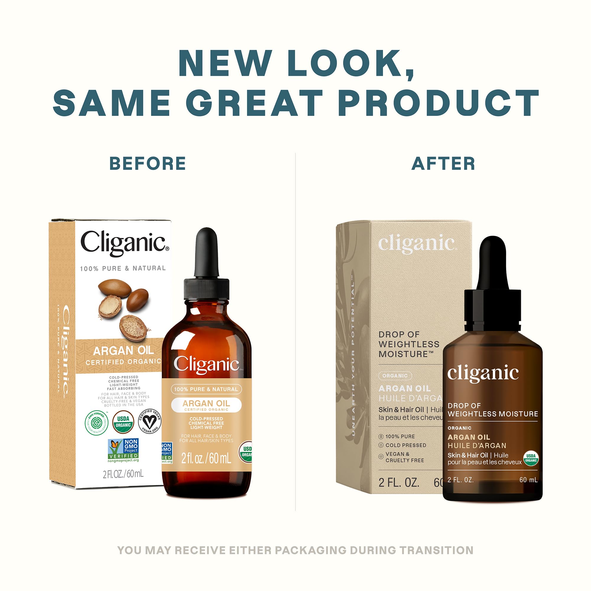 Cliganic Organic Argan Oil, 100% Pure - For Hair, Face & Skin | Cold Pressed Carrier Oil (Packaging May Vary)