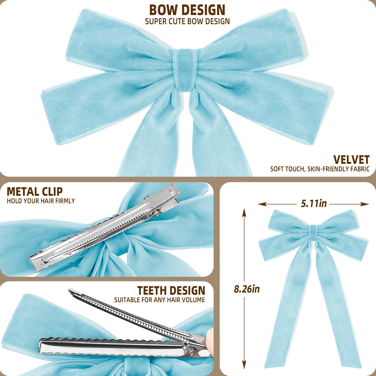 2Pcs Blue Hair Bows Soft Velvet Bow Hair Clip With Long Tail Hair Accessories For Women Girls Toddlers