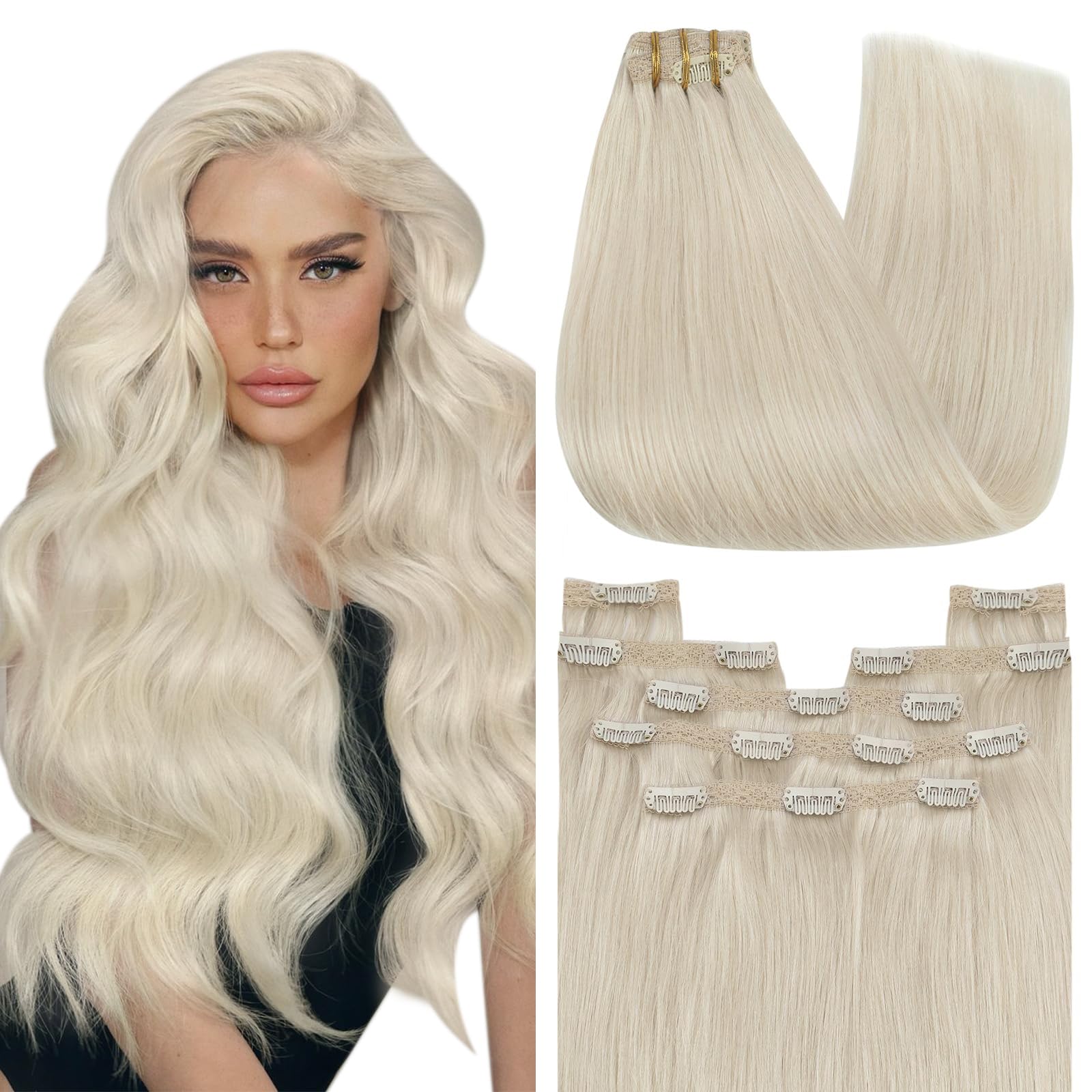 YoungSee 150G Clip in Extensions Platinum Blonde Clip in Hair Extensions Real Human Hair Blonde Clip on Hair Extensions Human Ha