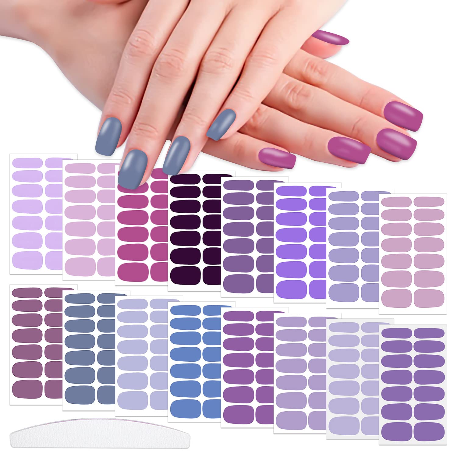 WOKOTO 16 Sheets Solid Nail Polish Strips Full Nail Wraps for Women Nail Art Stickers Purple Gel Nail Strips 224 Tips Gel Nail W