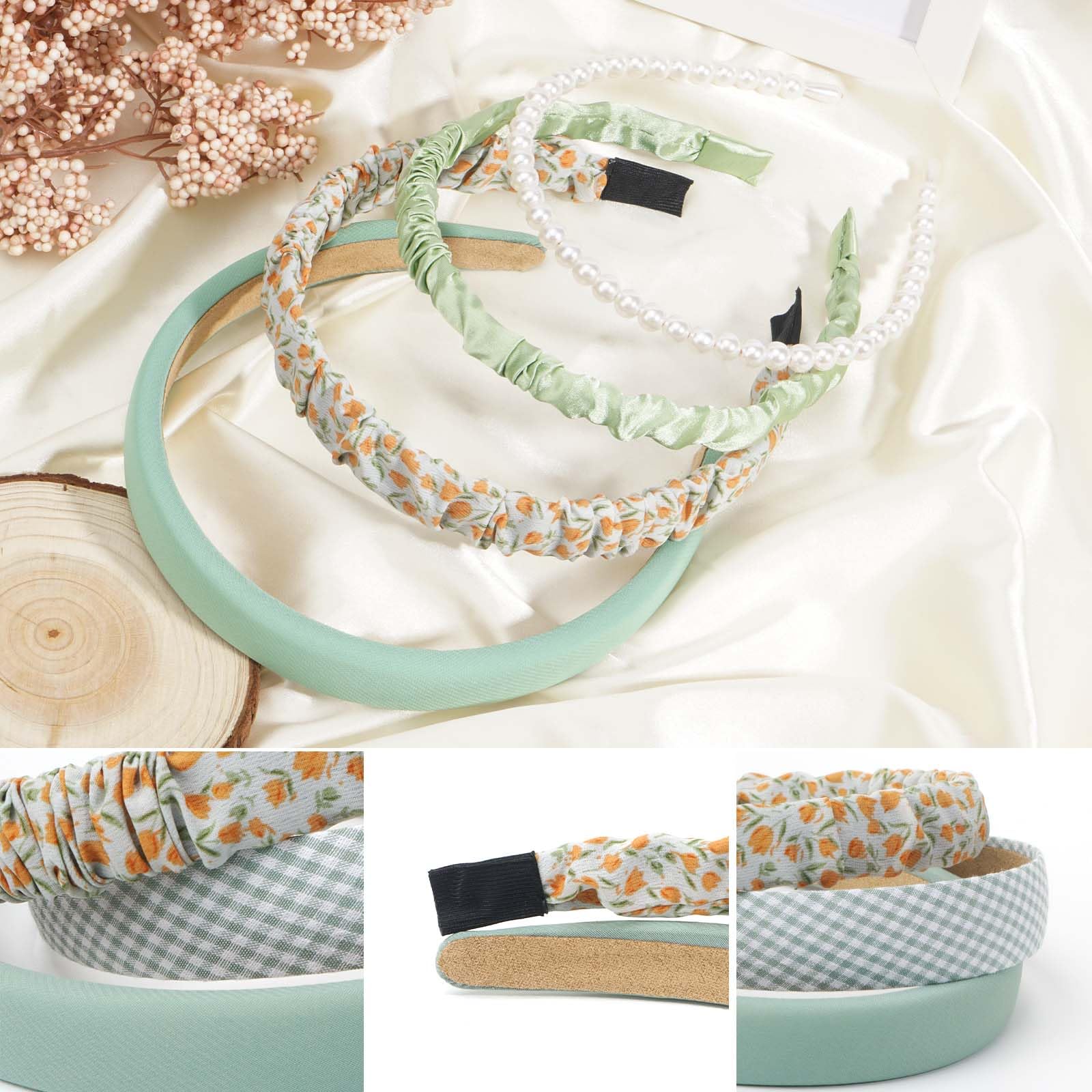 Kivzex 7Pack Fashion Headbands Set For Women Girls Pearl Floral Headband Trendy Padded Hairbands Hair Accessories Gift - Green