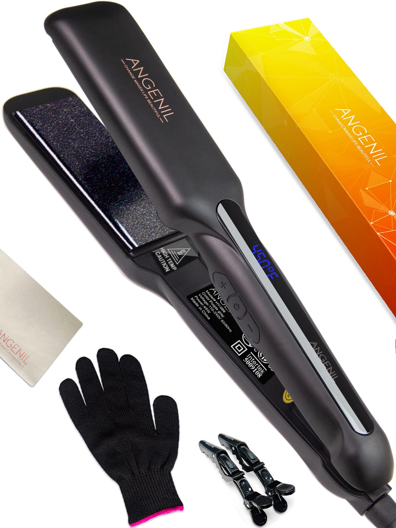 ANGENIL Flat Iron Wide Hair Straightener and Curler 2-in-1, Professional Dual Voltage Hair Straightener 1.6 Inch, Anti Static Fl