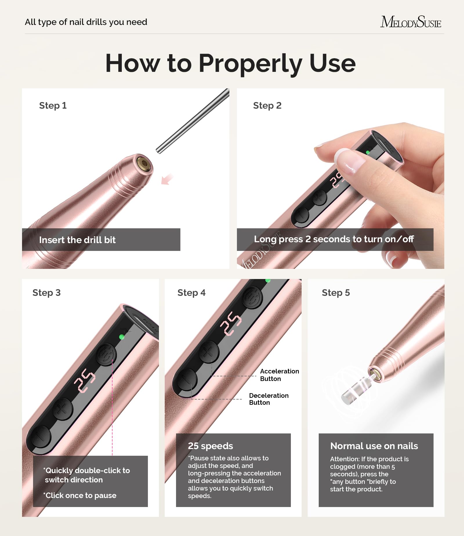 MelodySusie Cordless Electric Nail Drill Machine 11 in 1 Kit,PC180F 25000RPM Portable Rechargeable Nail Efile Set for Acrylic Ge