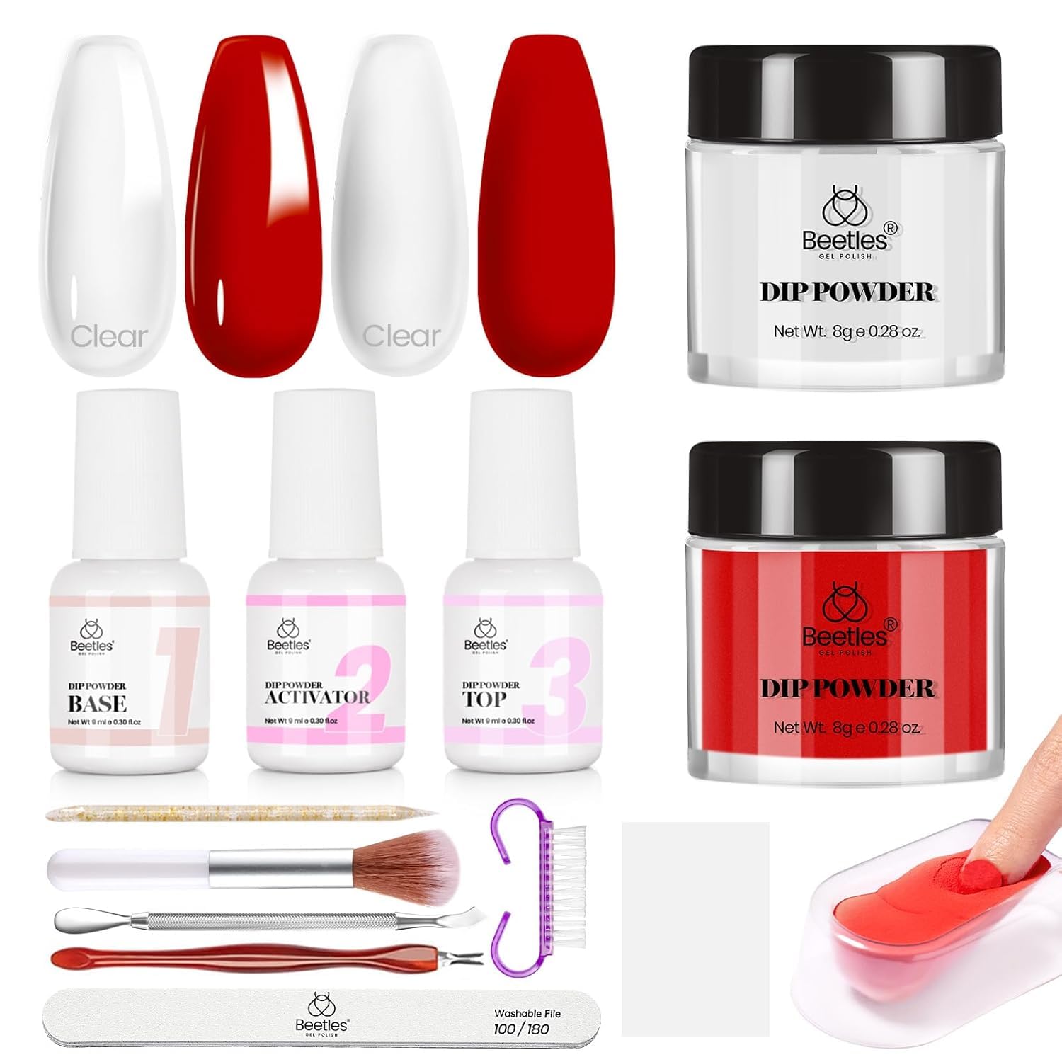 beetles Dip Powder Nail Kit Starter, Clear Red Dipping Powder Liquid Set with Base/Top Coat Activator Manicure Tools for French 
