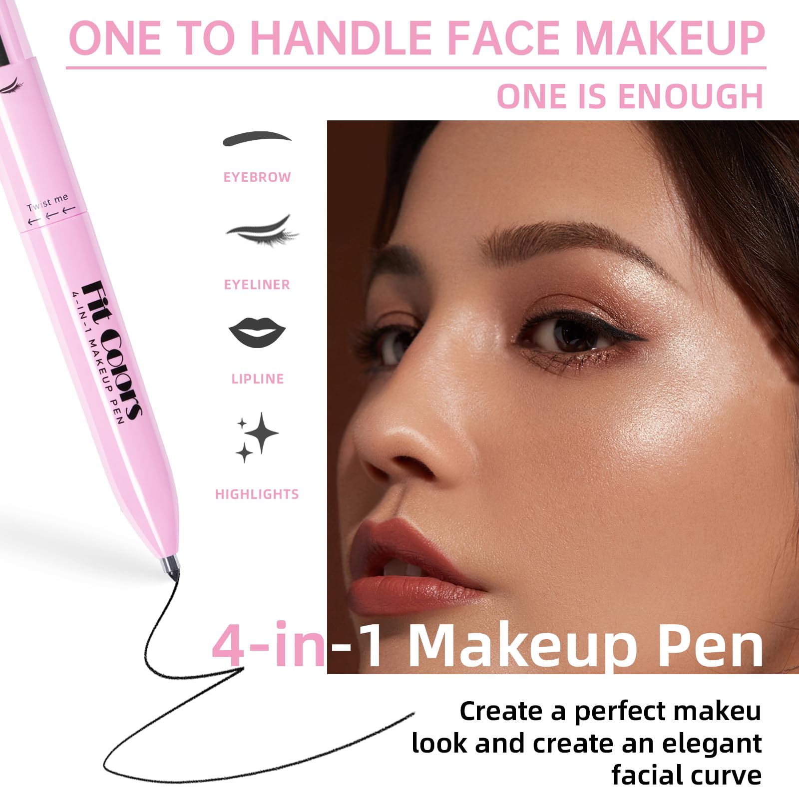 Hosaily 4 In 1 Makeup Pen, 4 Colors Eyeliner Eyebrow Lip Liner Highlighter All In One Beauty Makeup Pen, Waterproof Long-Lasting