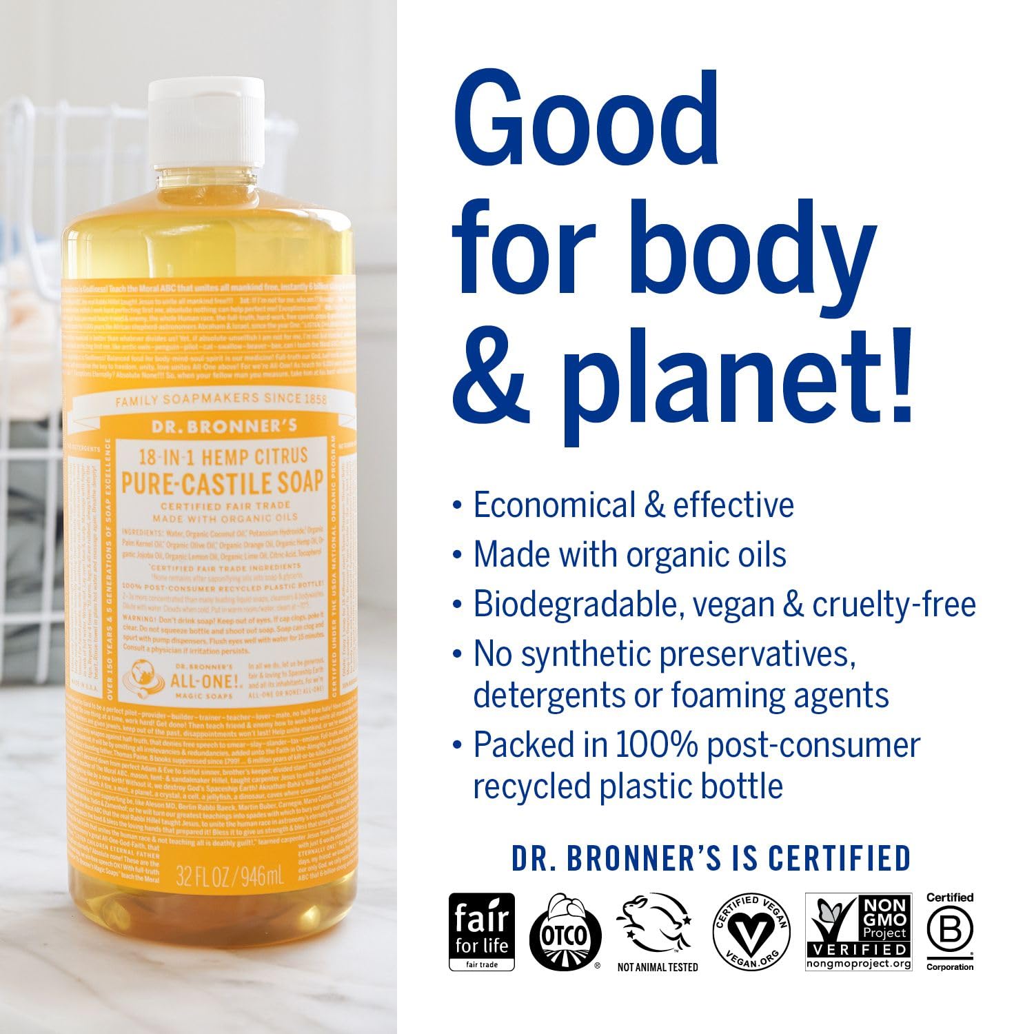 Dr. Bronner'S - Pure-Castile Liquid Soap (Citrus, 32 Ounce) - Made With Organic Oils, 18-In-1 Uses: Face, Body, Hair, Laundry, P