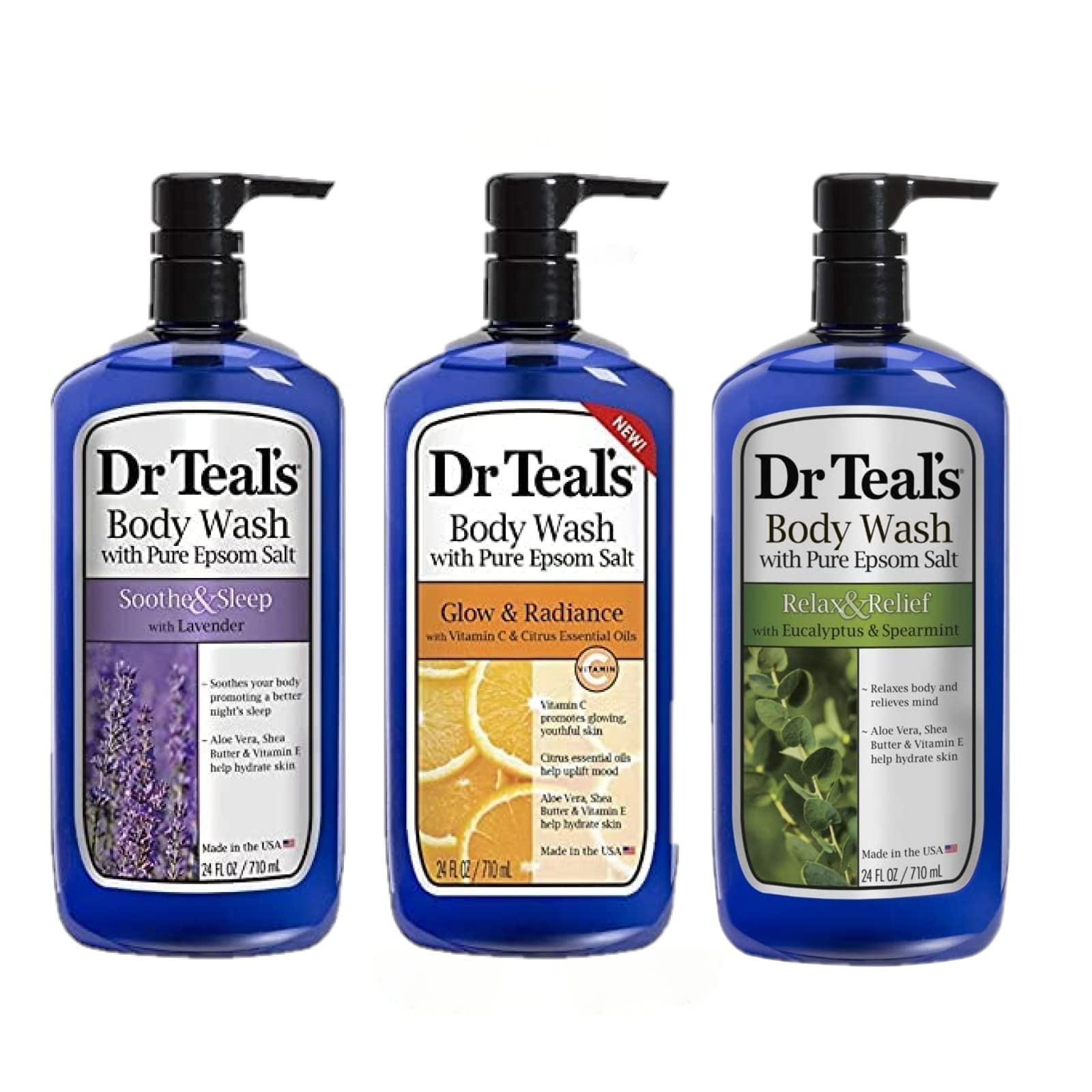 Dr Teal's Body Wash Variety Gift Set (3 Bottles, 24 oz ea) - Soothe & Sleep, Glow & Radiance, and Relax & Relief - Lavender, Cit