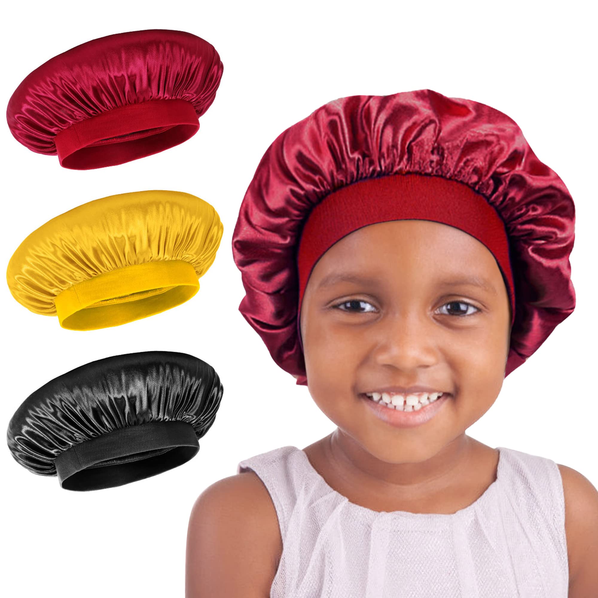 LADES Kids Satin Sleeping Cap - Childs Sleep Bonnet for Curly Hair Wrap with Adjustable Soft for Children Girls 3 Packs