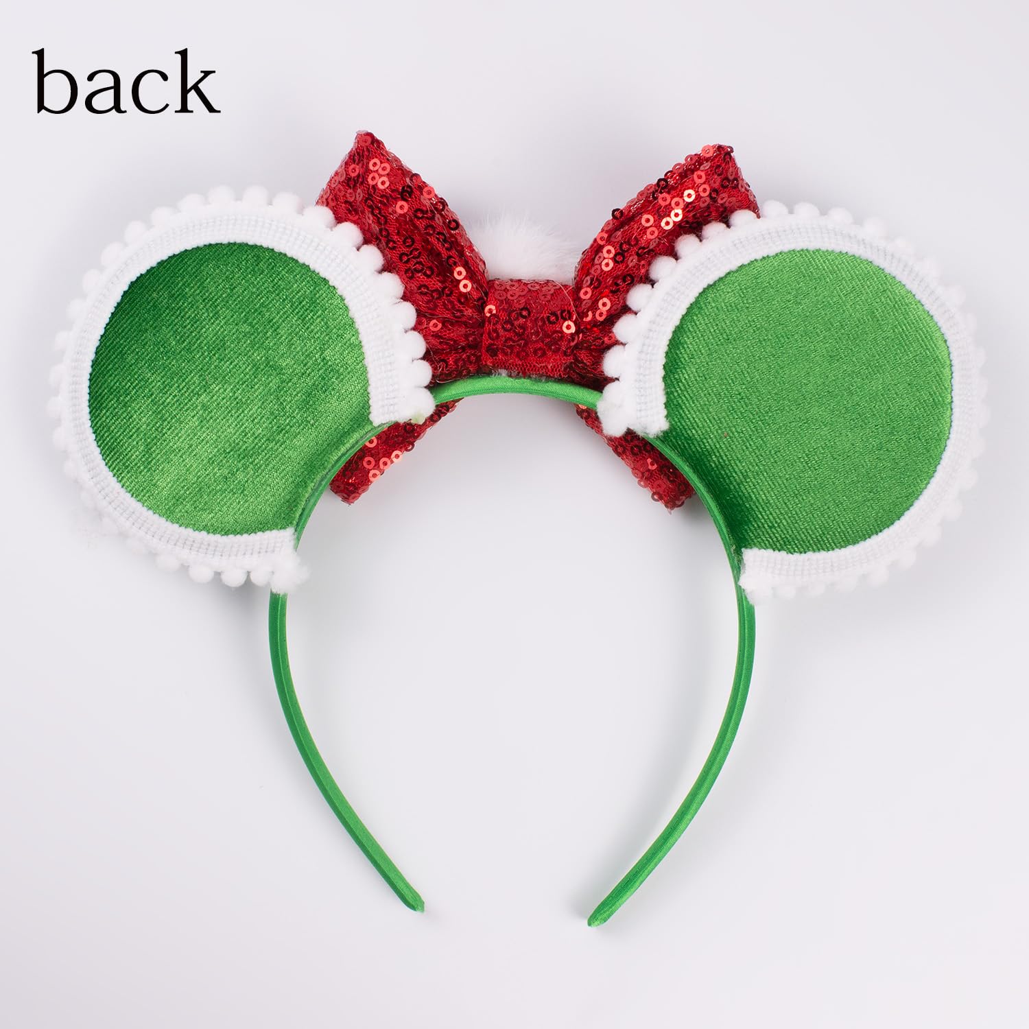 Jiahang Green Velvet Mouse Ears Headband With White Pom Pom Ball, Red Hair Bow Headband, Party Fashion Headwear Hair Accessories