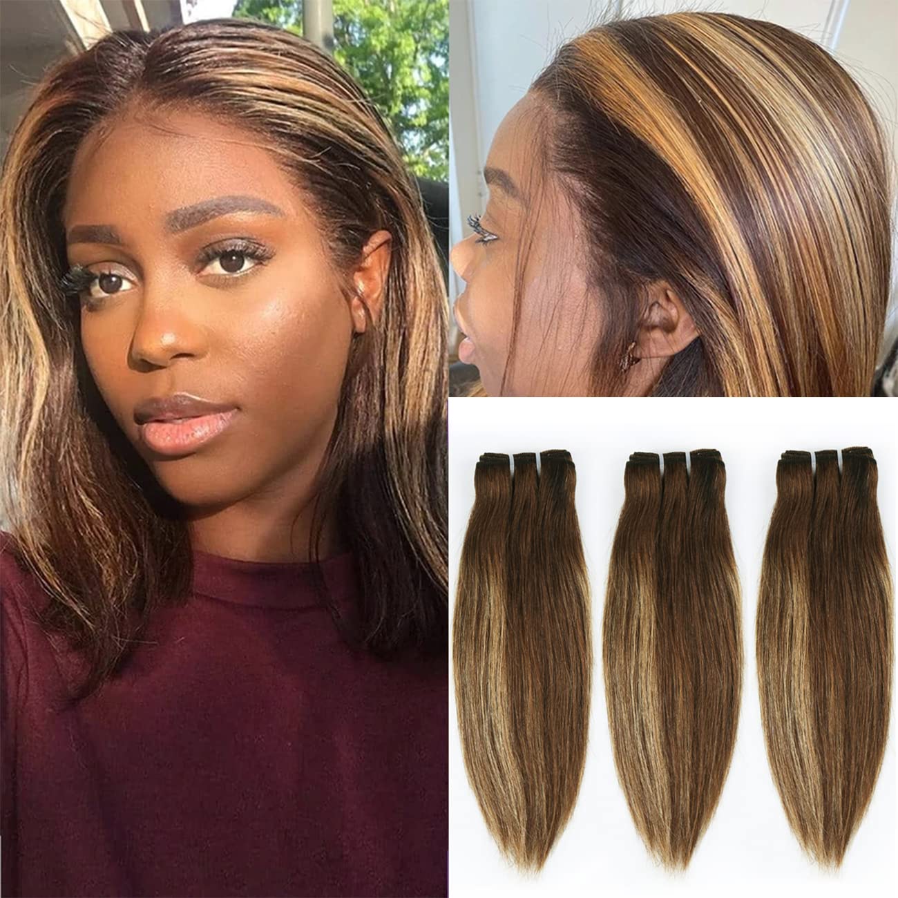 Fq 4/27 Highlight Bundles And Closure Straight P4/27 Human Hair Bundles With Closure(10 10 10+10) Brazilian Ombre Blonde Colored