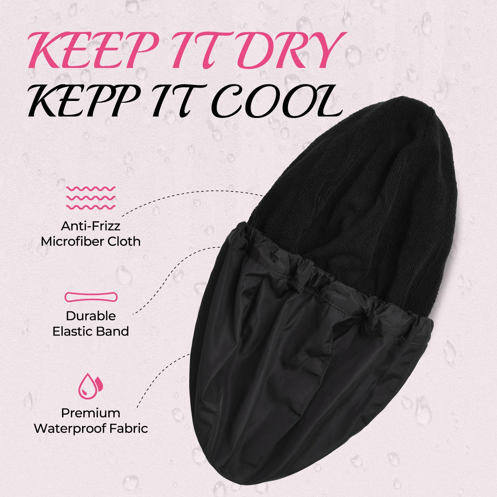 Shower Cap For Women Black Bath Cap, Reversible Large Waterproof Adjustable Shower Caps Terry Lining & Elastic Band Stretch Hem