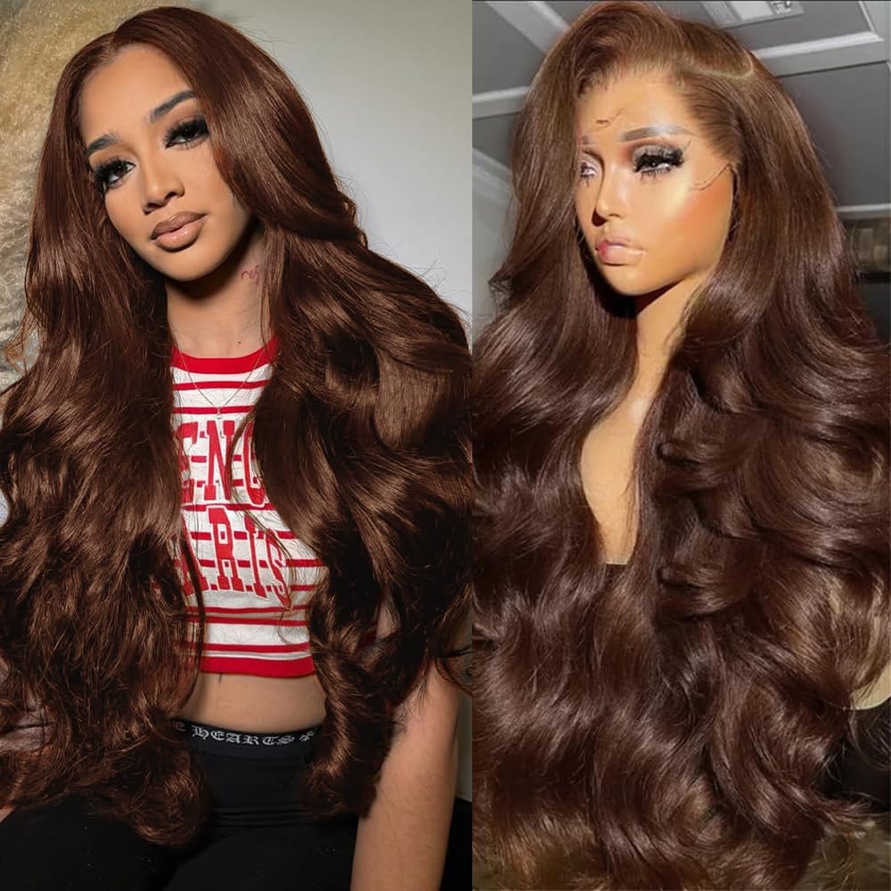 Aolvoblees 26 Inch Chocolate Brown Body Wave 250% Density 13x4 HD Pre Plucked Lace Front Wigs Human Hair Frontal Glueless Colore
