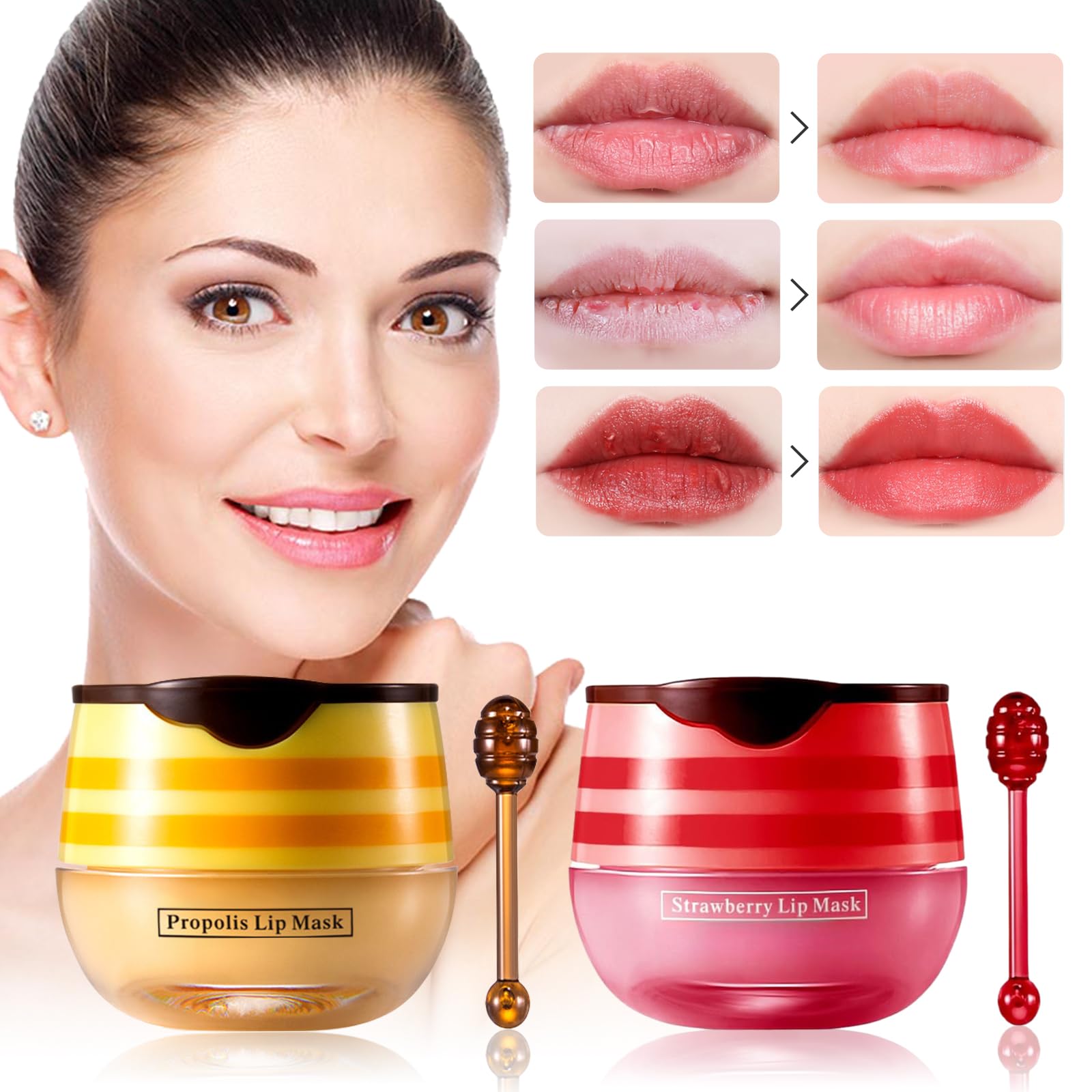 2 PCS Bee Honey Lip Balm Honey Pot, Strawberry & Bee Honey Lip Mask, Reduces Lip Lines, Hydrate & Moisturizing Lip Skin Care, Pr