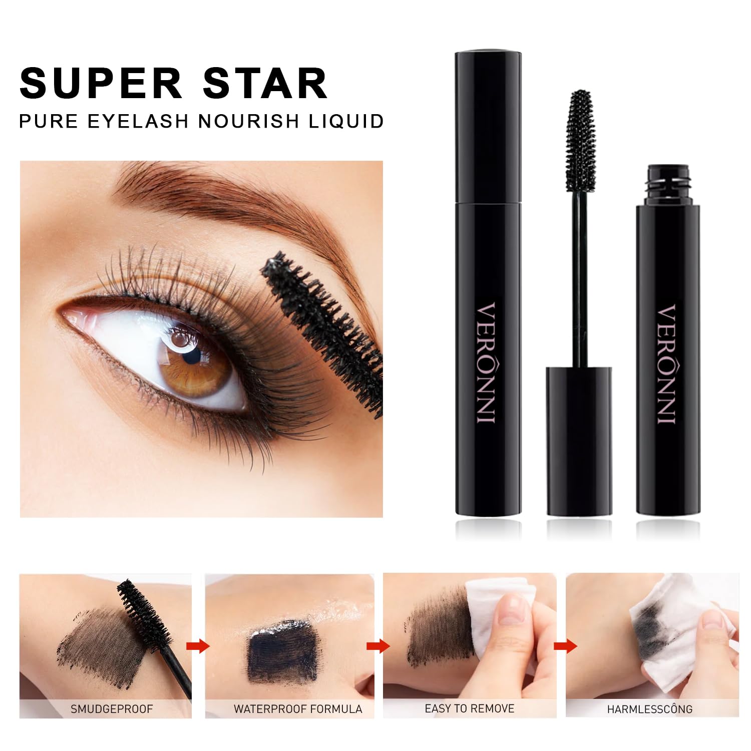 Veronni Black Waterproof Mascara,Curlingthick Lengthening Eyelash Mascara,Lifts And Extends Lash Length,Clump Resistant,Non-Smud