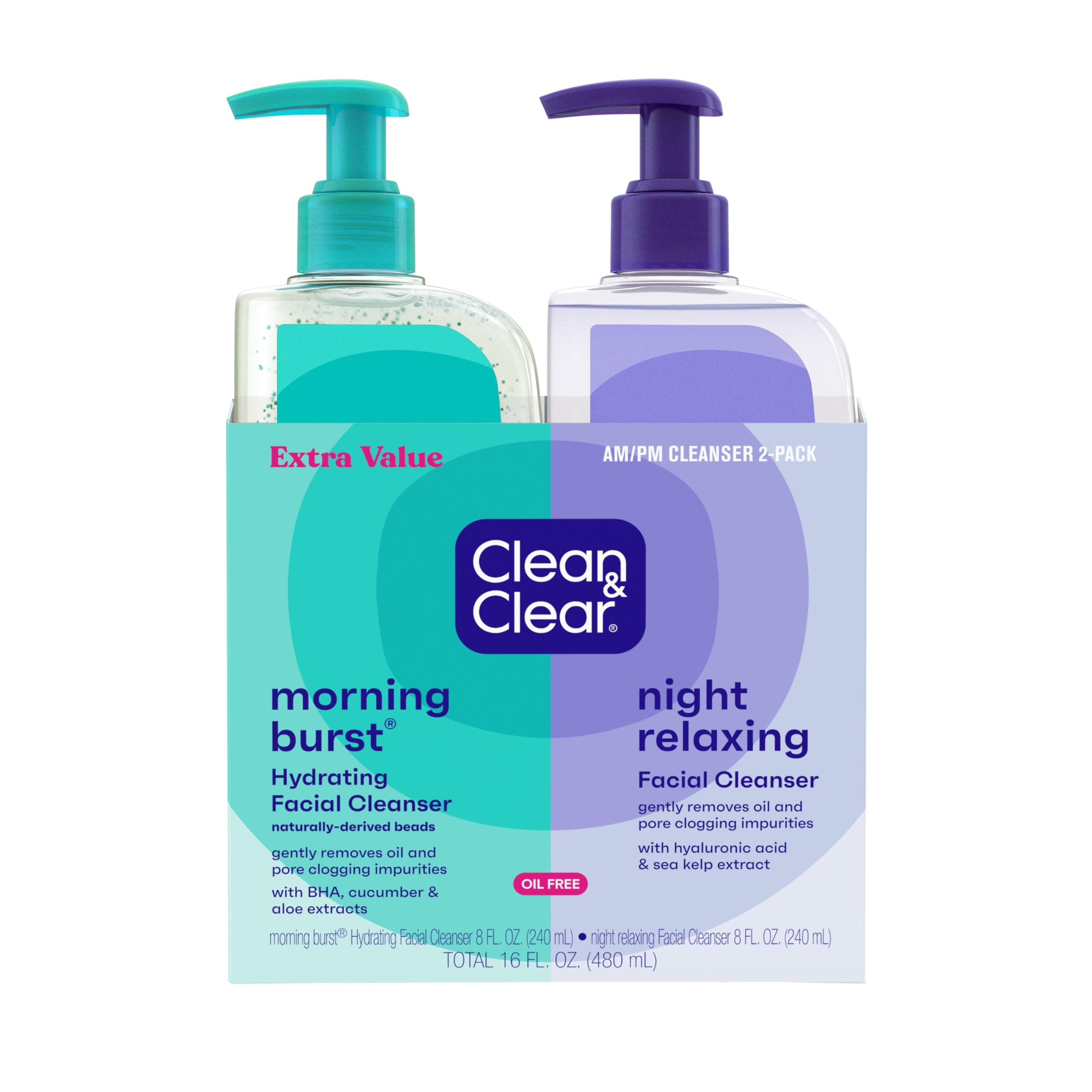 Clean & Clear 2-Pack Day & Night Daily Face Cleansers, Morning Burst Hydrating Facial Cleanser & Night Relaxing Deep Cleansing F