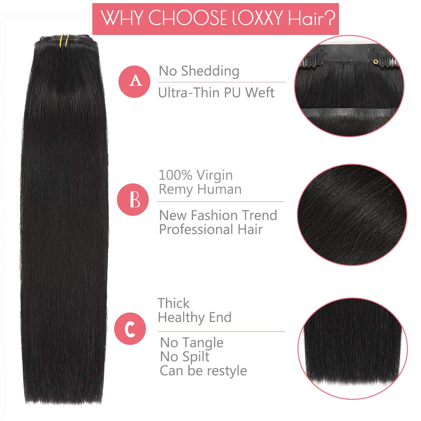 Loxxy Seamless Human Hair Extensions Clip In 20Inch Jet Black Double Weft Thick Clip In Hair Extensions Real Human Hair Silky St
