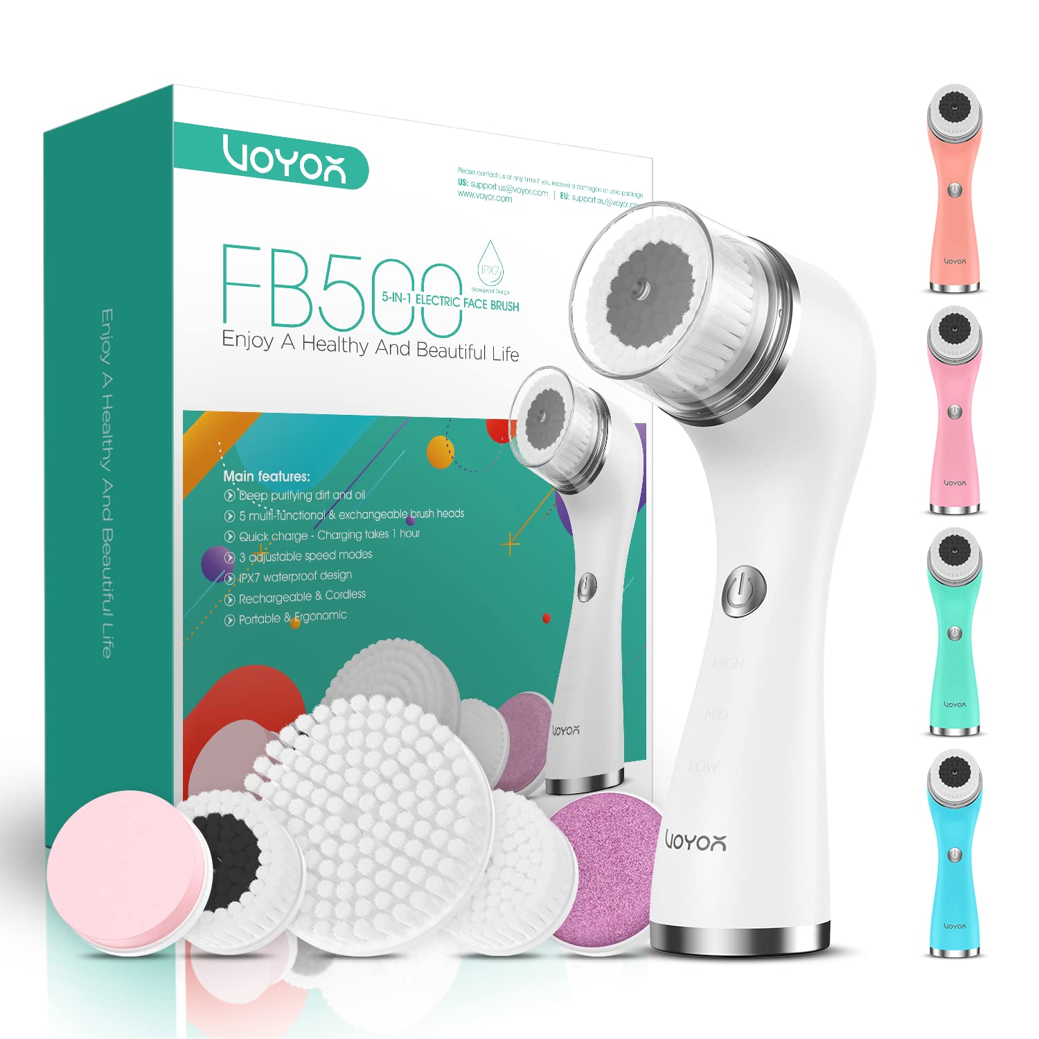 Voyor Facial Cleansing Brush Rechargeable, Spin Face Brush Waterproof 5-In-1 Body Brush Set For Deep Skin Cleansing, Gentle Exfo