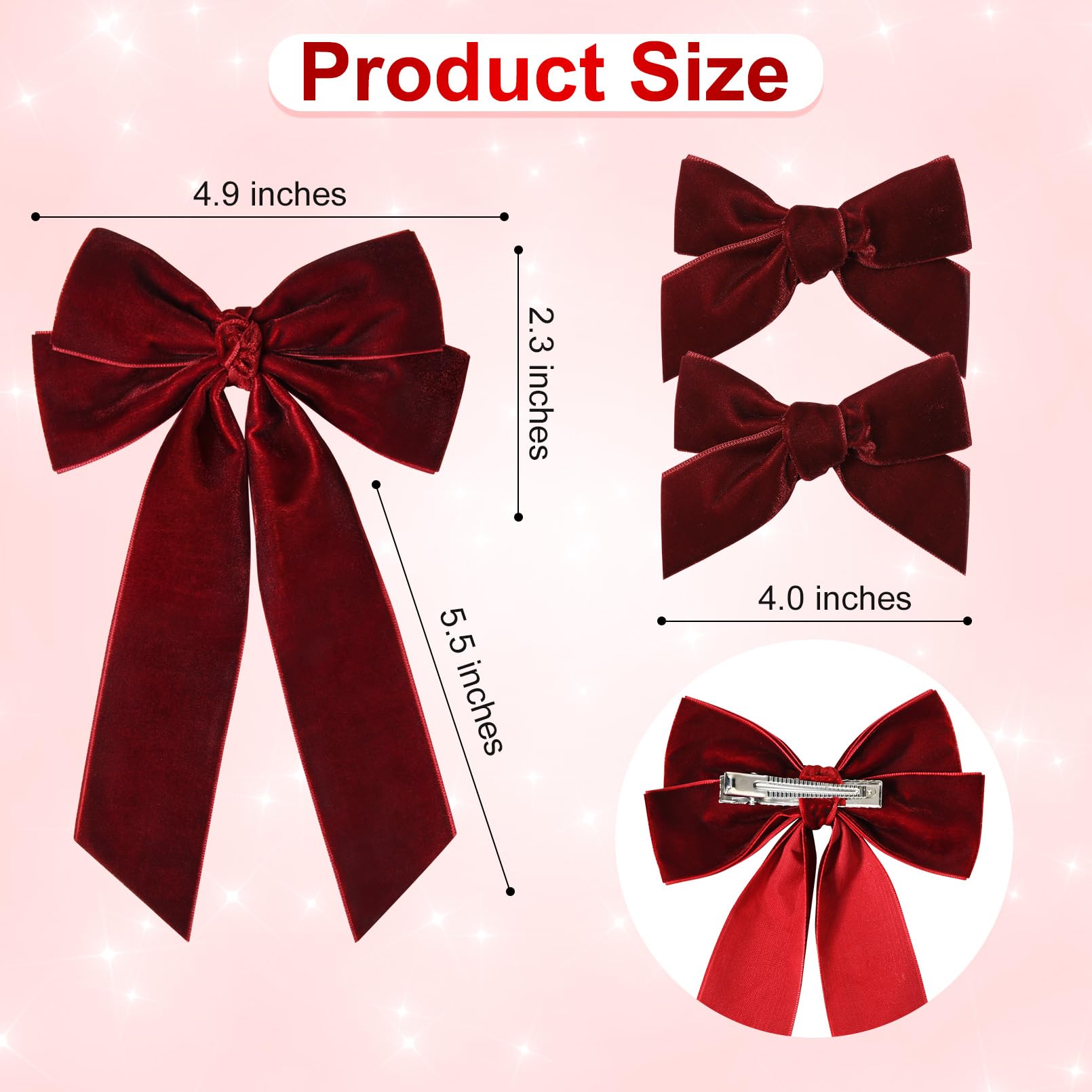3 Pcs Velvet Bows Hair Clip Ribbon Red Accessories Ponytail Holder Hair Bow For Women Girls Toddlers Teens Kids