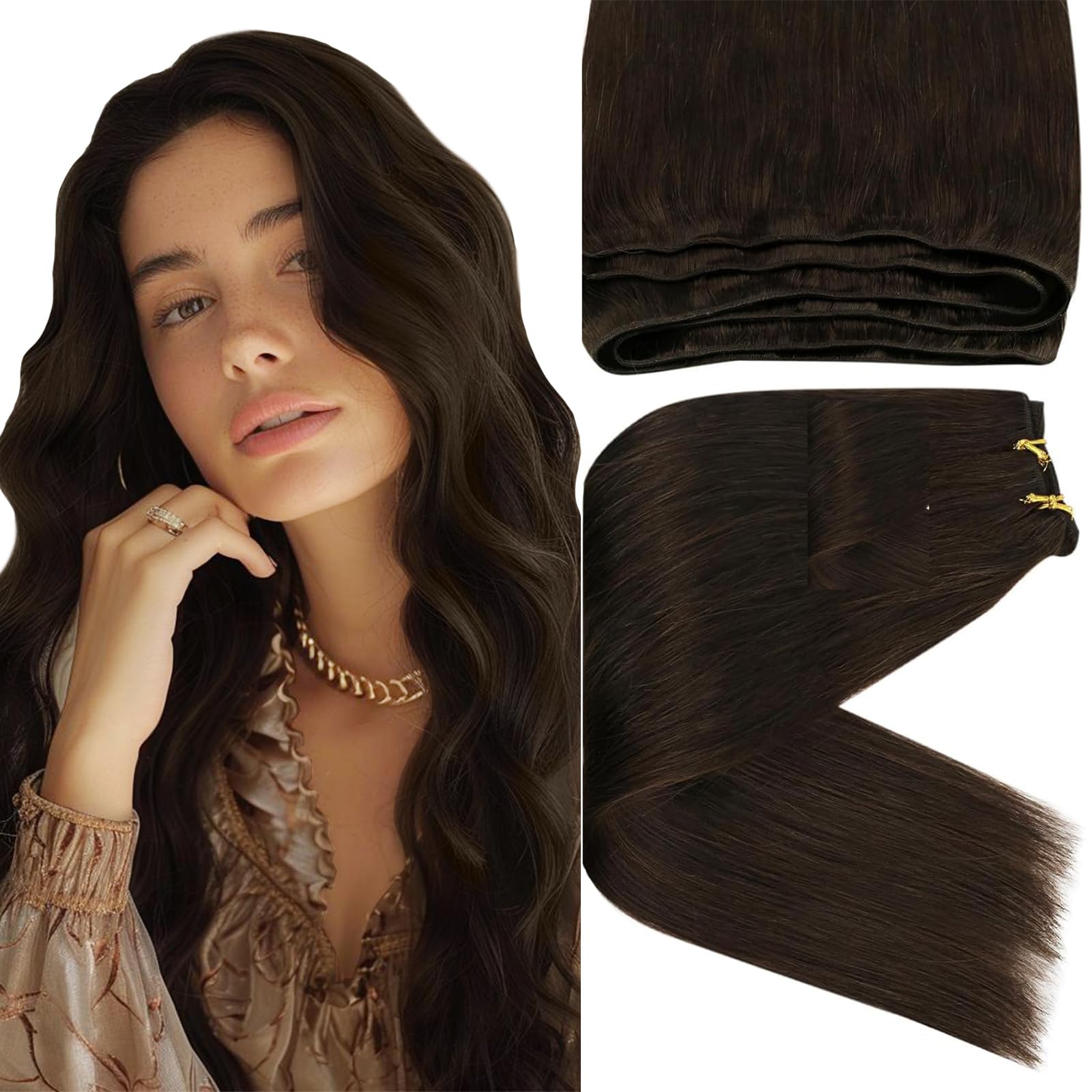 Sunny Sew in Hair Extensions Real Human Hair Brown Weft Hair Extensions Dark Brown Straight Hair Weft Extensions Brazilian Human