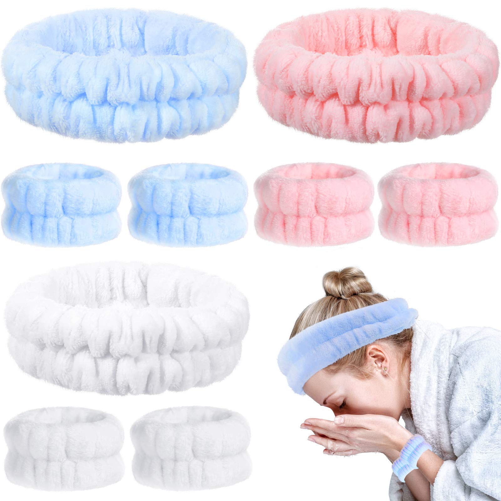Chuangdi 9 Pcs Reusable Spa Headband Wrist Washband Face Wash Set Include 3 Microfiber Headband 6 Wrist Washband for Women Girls