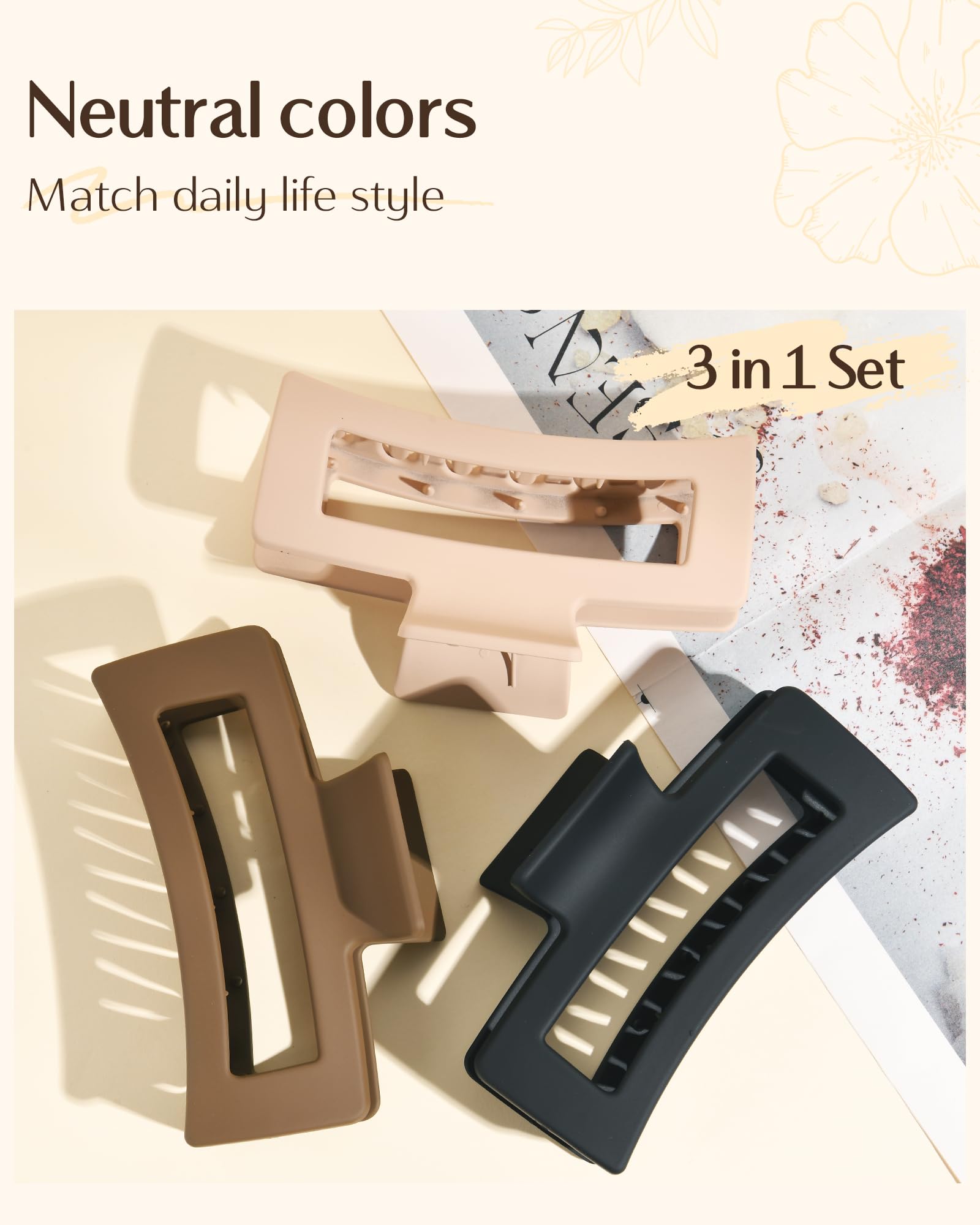 Yanibest 3 Pack Hair Clips For Women 5.1 Inch Large Claw Clips For Women Thick Curly Hair, Big Matte Banana Clips,Strong Hold Ja