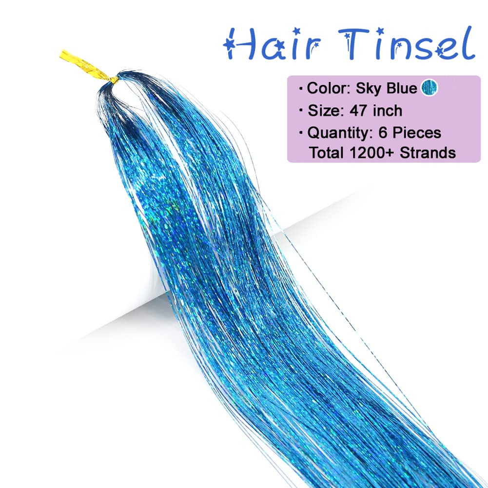 Missuhui Hair Tinsel Kit With Tools 47Inch 1200 Strands Glitter Tinsel Hair Extensions Sparkling Shiny Hair Tinsel Strands Fairy