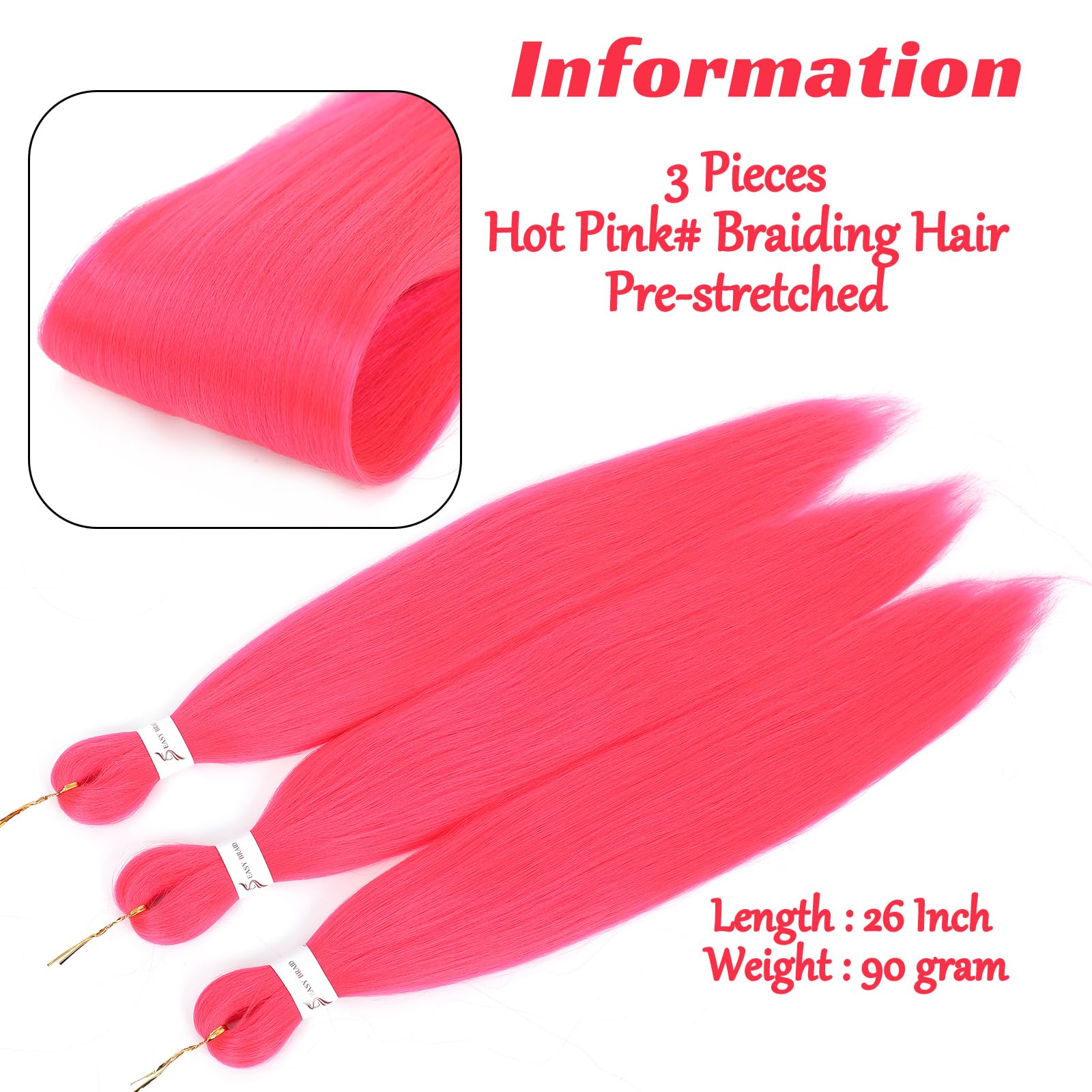 Royota Hot Pink Braiding Hair Pre Stretched 26 Inch 3 Pieces Easy Braid Prestretched Colored Soft Yaki Magenta Pink Knotless Hai